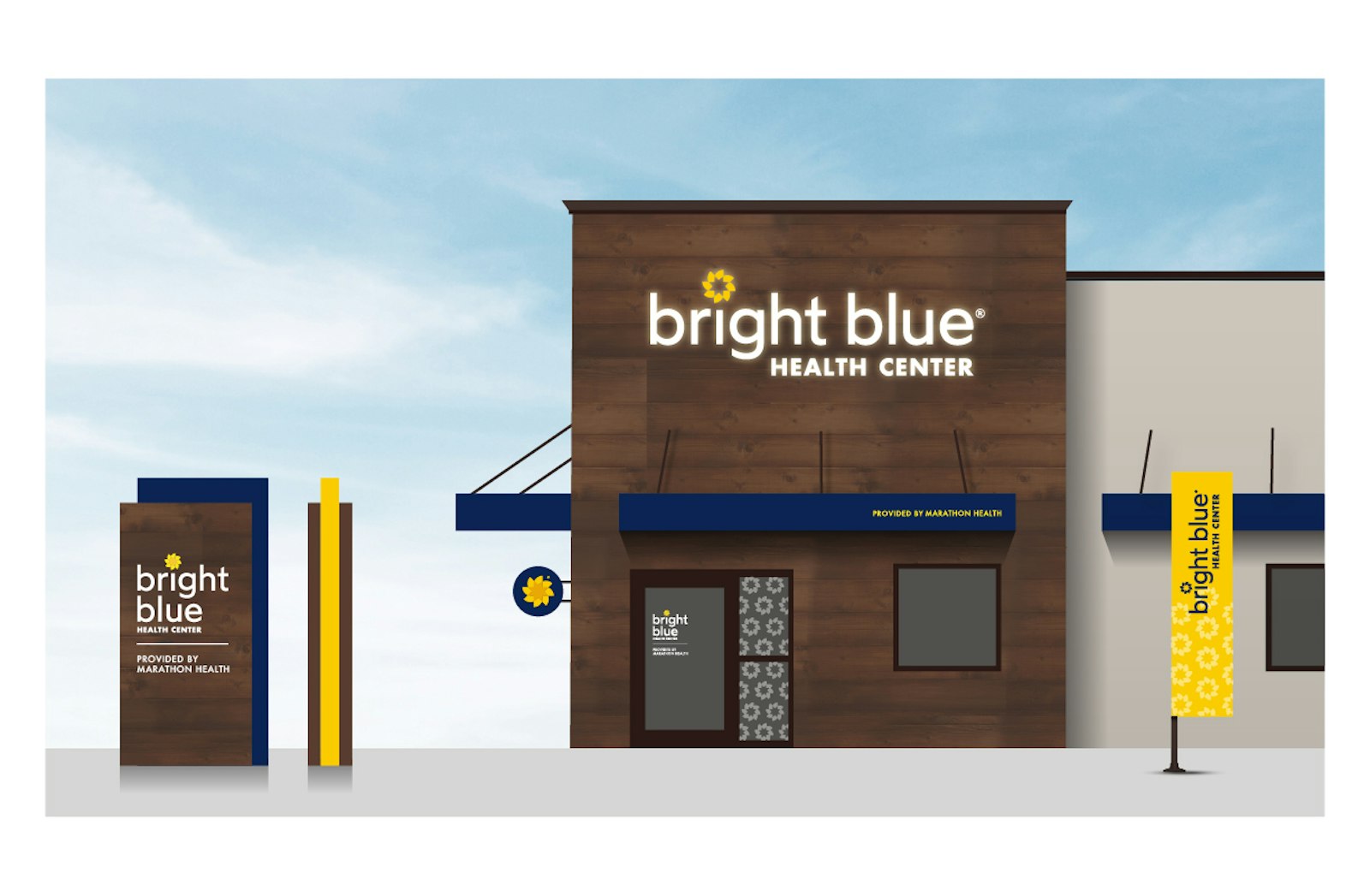 The Bright Blue brand design signage illustrations of a building and banners.