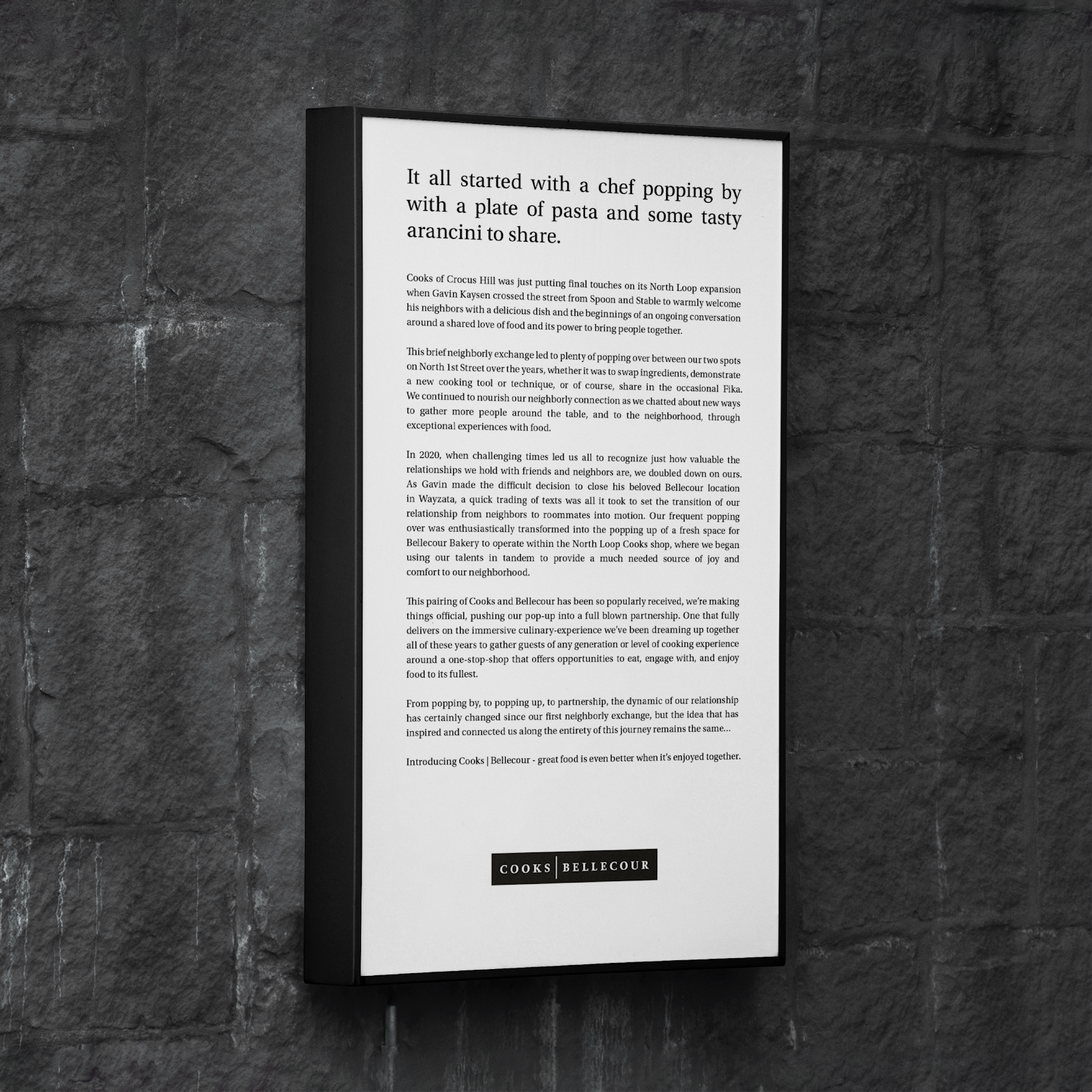 Graphic signage for Cooks | Bellecour story and messaging.