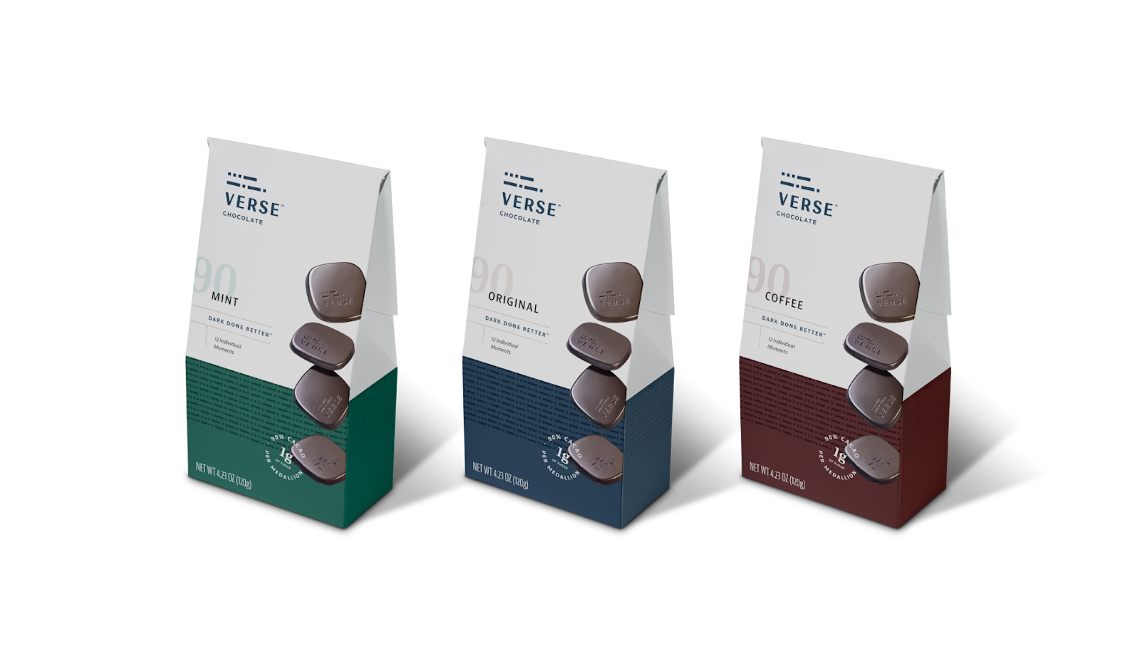 The Verse Chocolate brand design packaging with three boxes of chocolate on transparent.