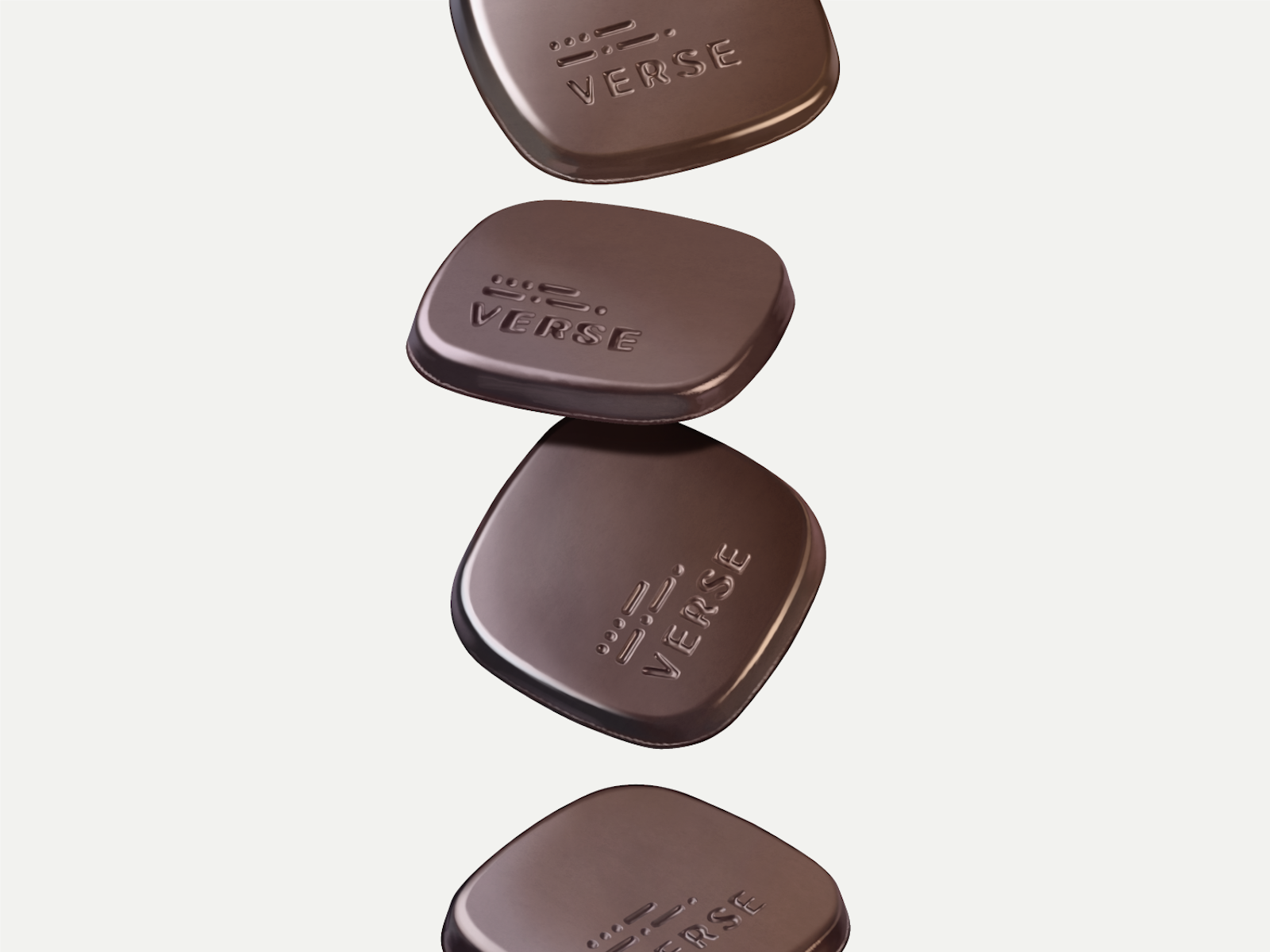 The Verse Chocolate brand design with four individual medallions falling with brand name on them.