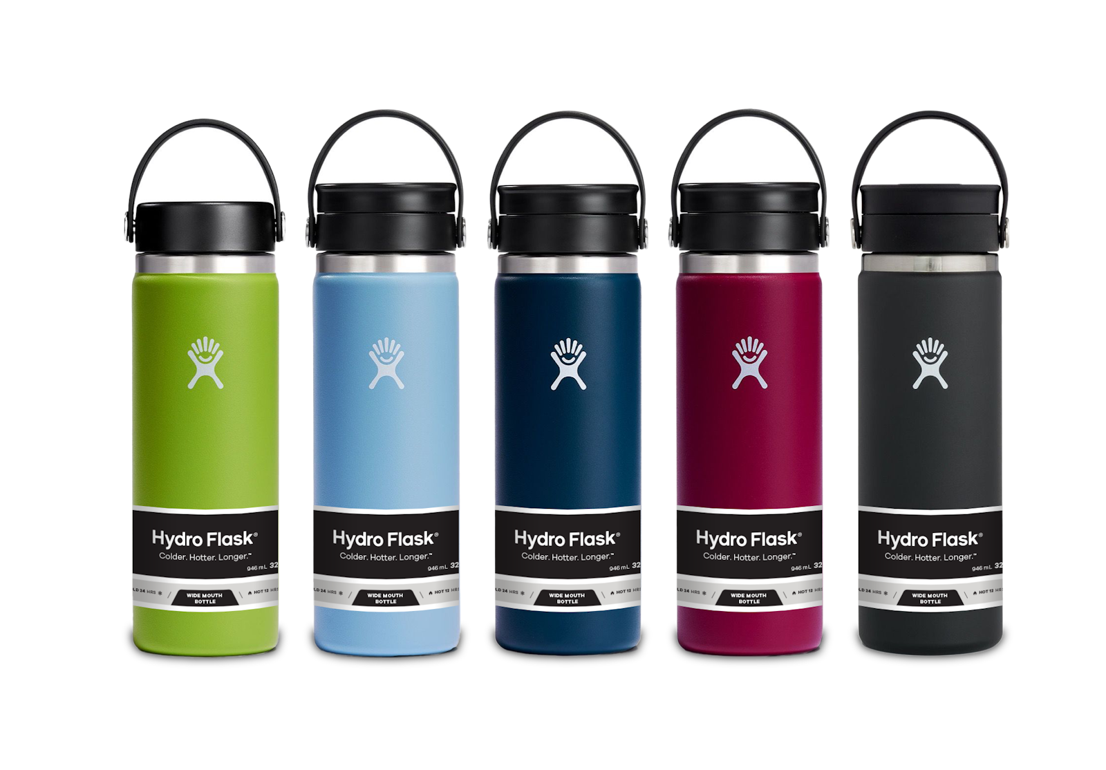A set of five Hydro Flask brand design bottles in various colors on transparent background.