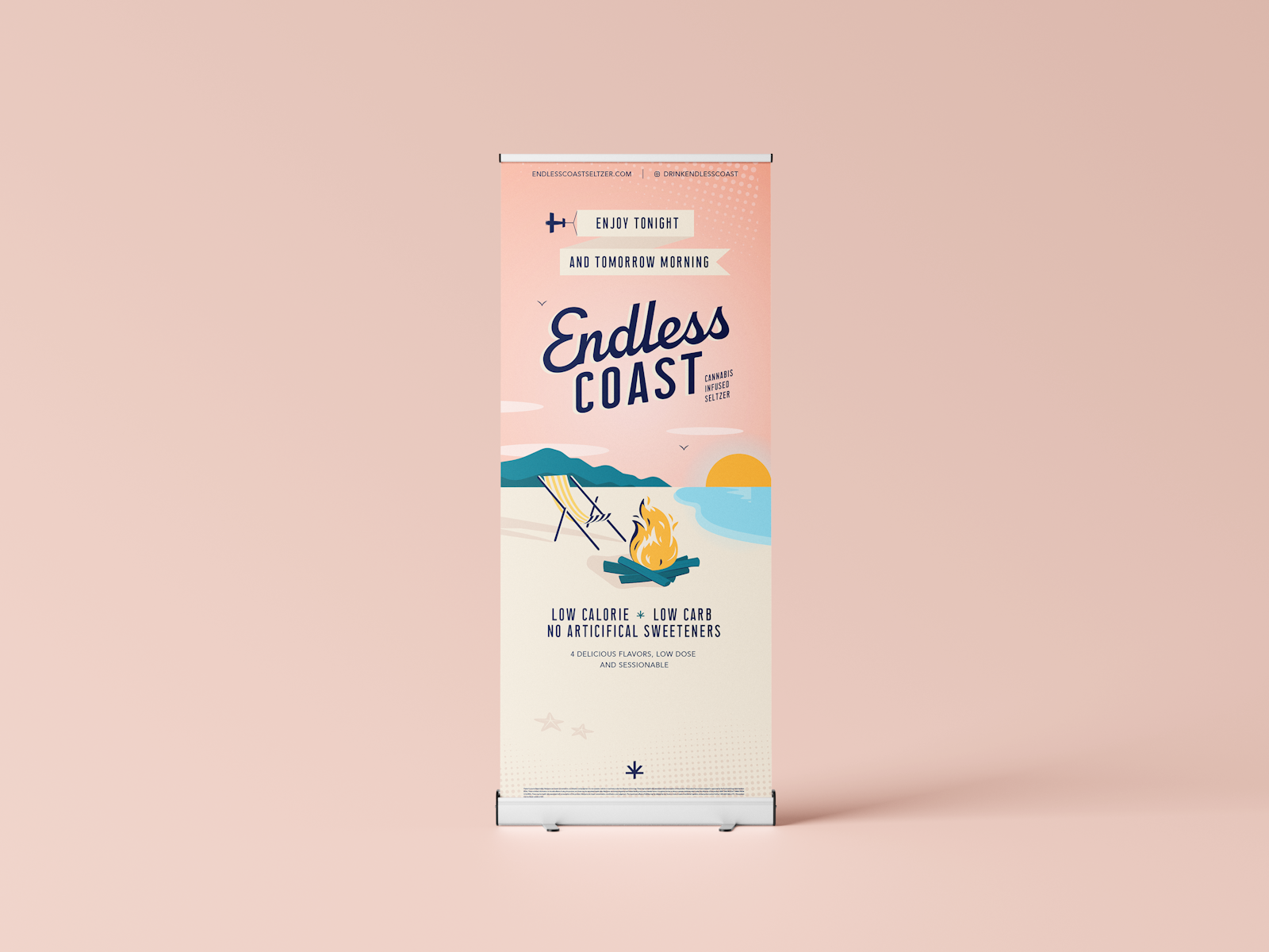 The Endless Coast brand campaign design banner for retail display on peach background.
