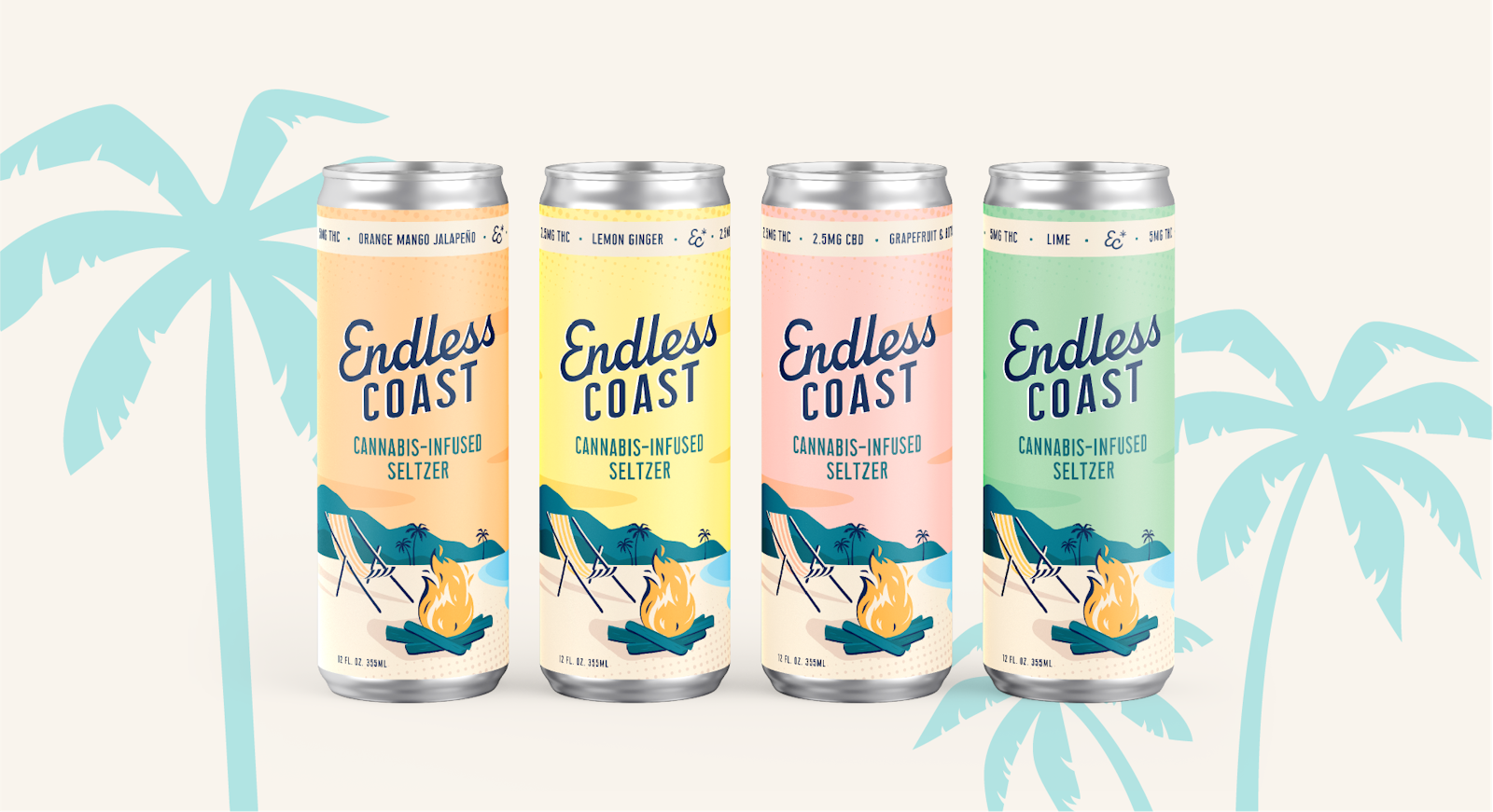 The Endless Coast brand packaging design in four flavors with palm tree graphics.