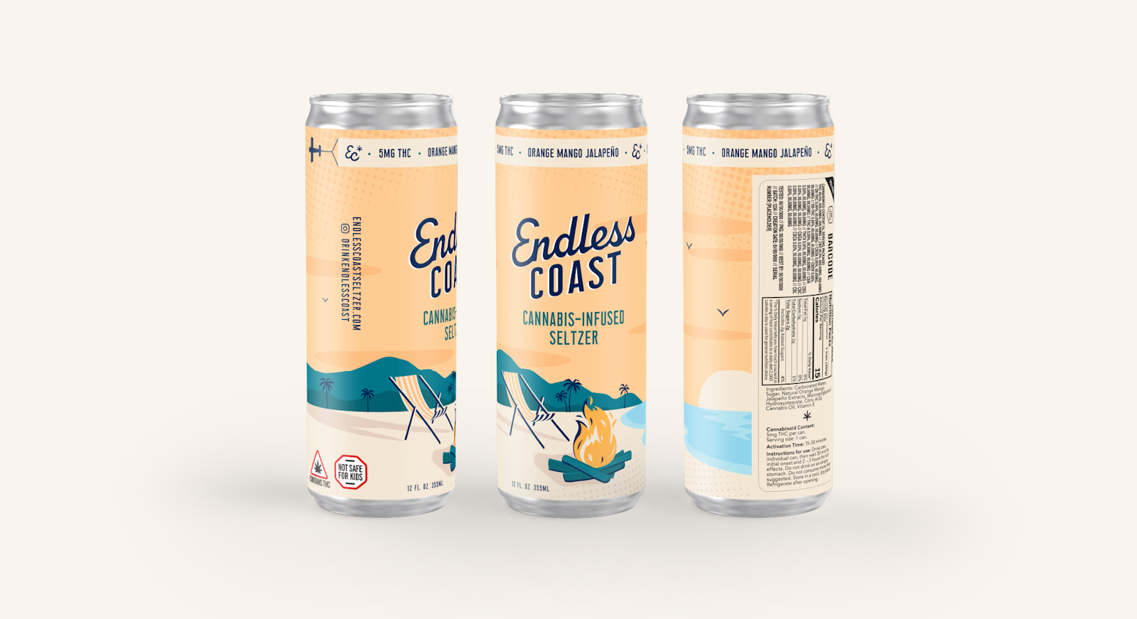 The Endless Coast brand packaging design of slim cans showing three sides of one flavor.