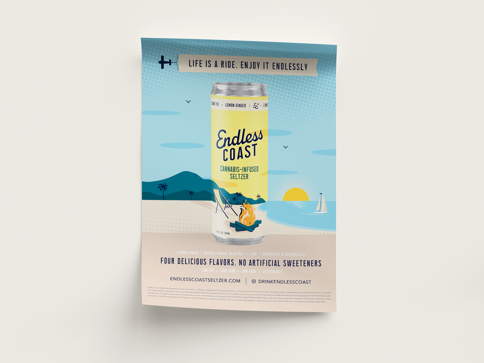 The Endless Coast brand campaign design of poster showing can design on beach scene.