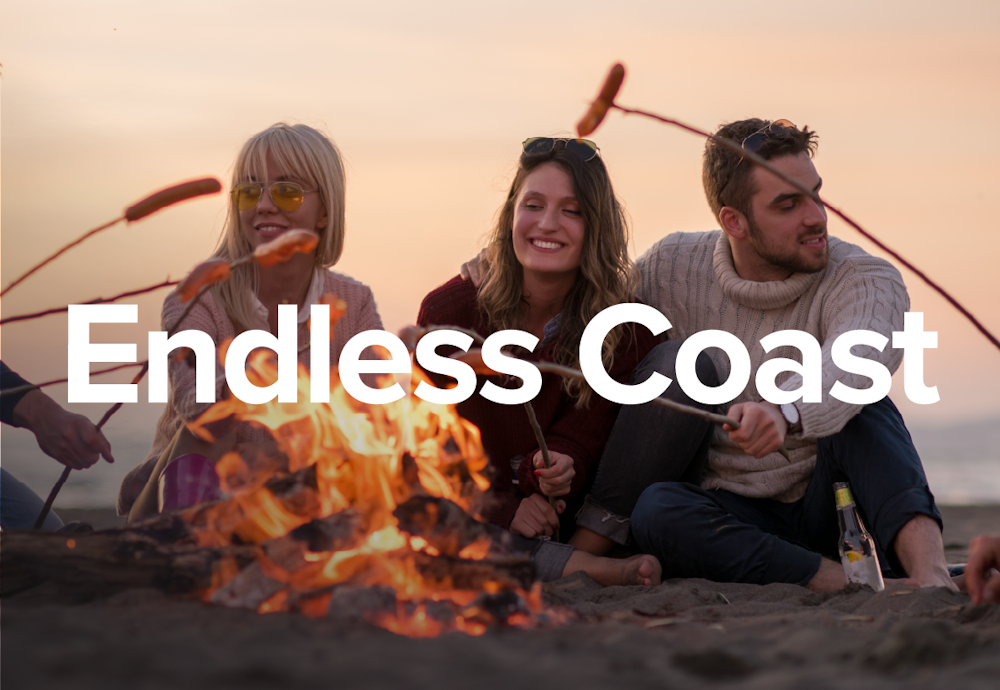 The Endless Coast brand design by Curaleaf in campfire scene with three people.