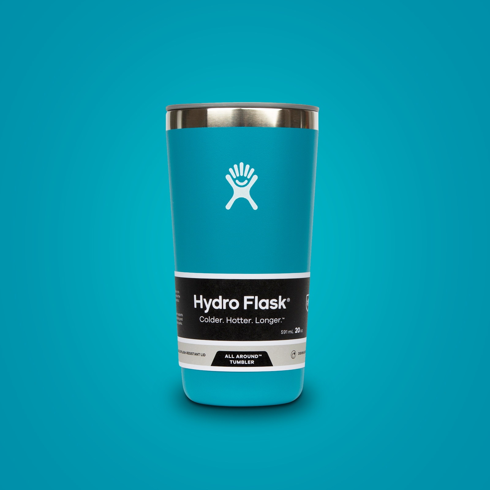 A Hydro Flask brand design Tumbler All Around blue on a blue background.