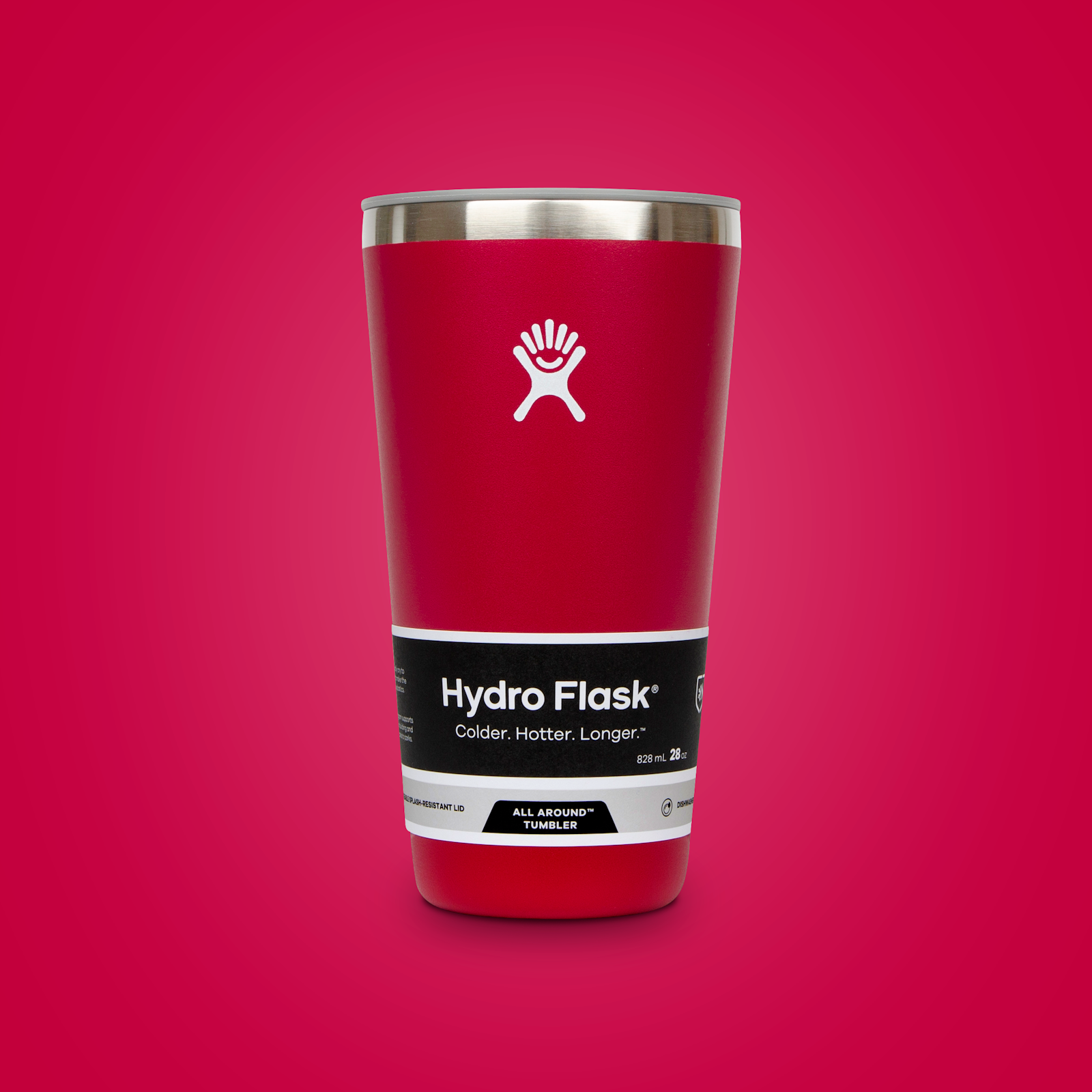 The Hydro Flask brand design Tumbler All Around in red on a red background.