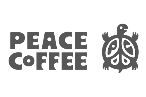 A Peace Coffee logo in black and white for speaker series list.