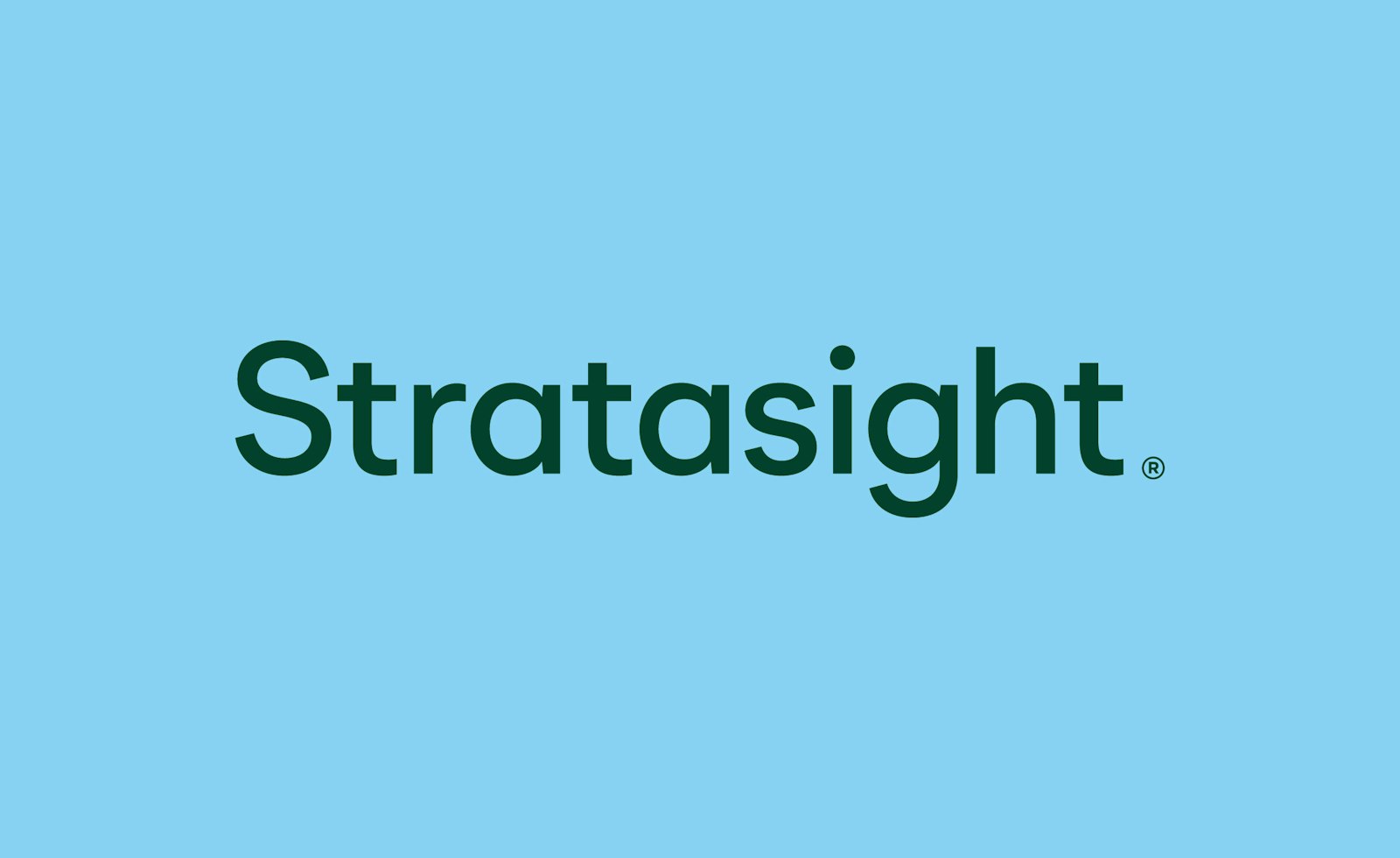 Stratasight wordmark: The Stratasight wordmark, developed by Capsule in Stratasight's 2026 rebrand, rendered in Dark Green (#185A42) against a Blue (#87D3F4) background.