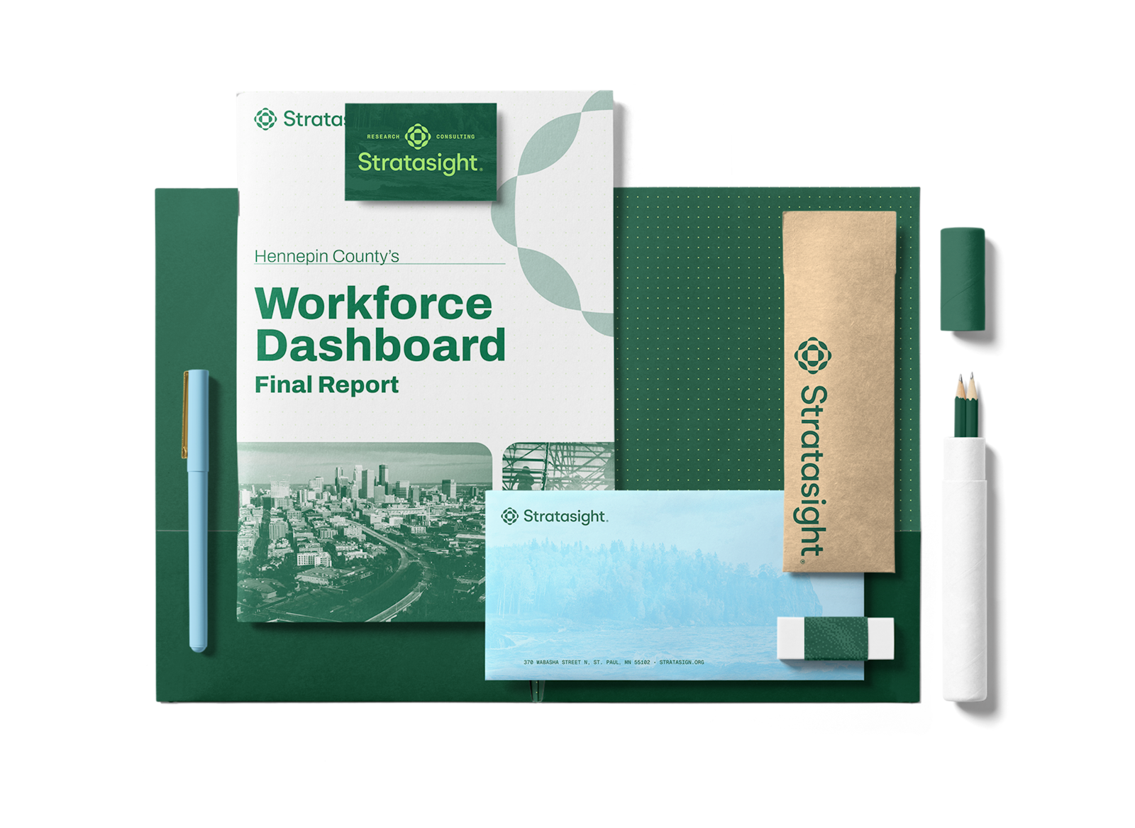 Stratasight stationery: The Stratasight brand identity, developed by Capsule in Stratasight's 2026 rebrand, displayed on stationery items including a folder, pencil case, envelope, business card, and more.