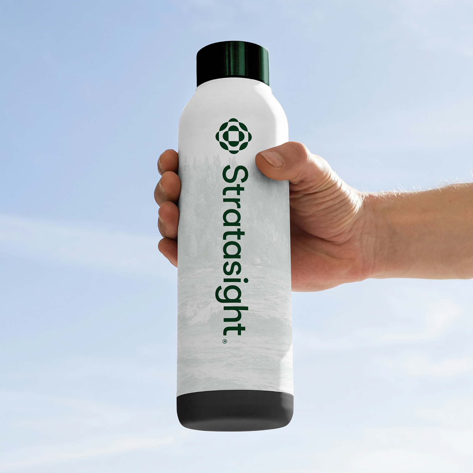 Stratasight water bottle: An example of the green Stratasight logo and wordmark, developed by Capsule in Stratasight's 2026 rebrand, printed on a white steel water bottle.