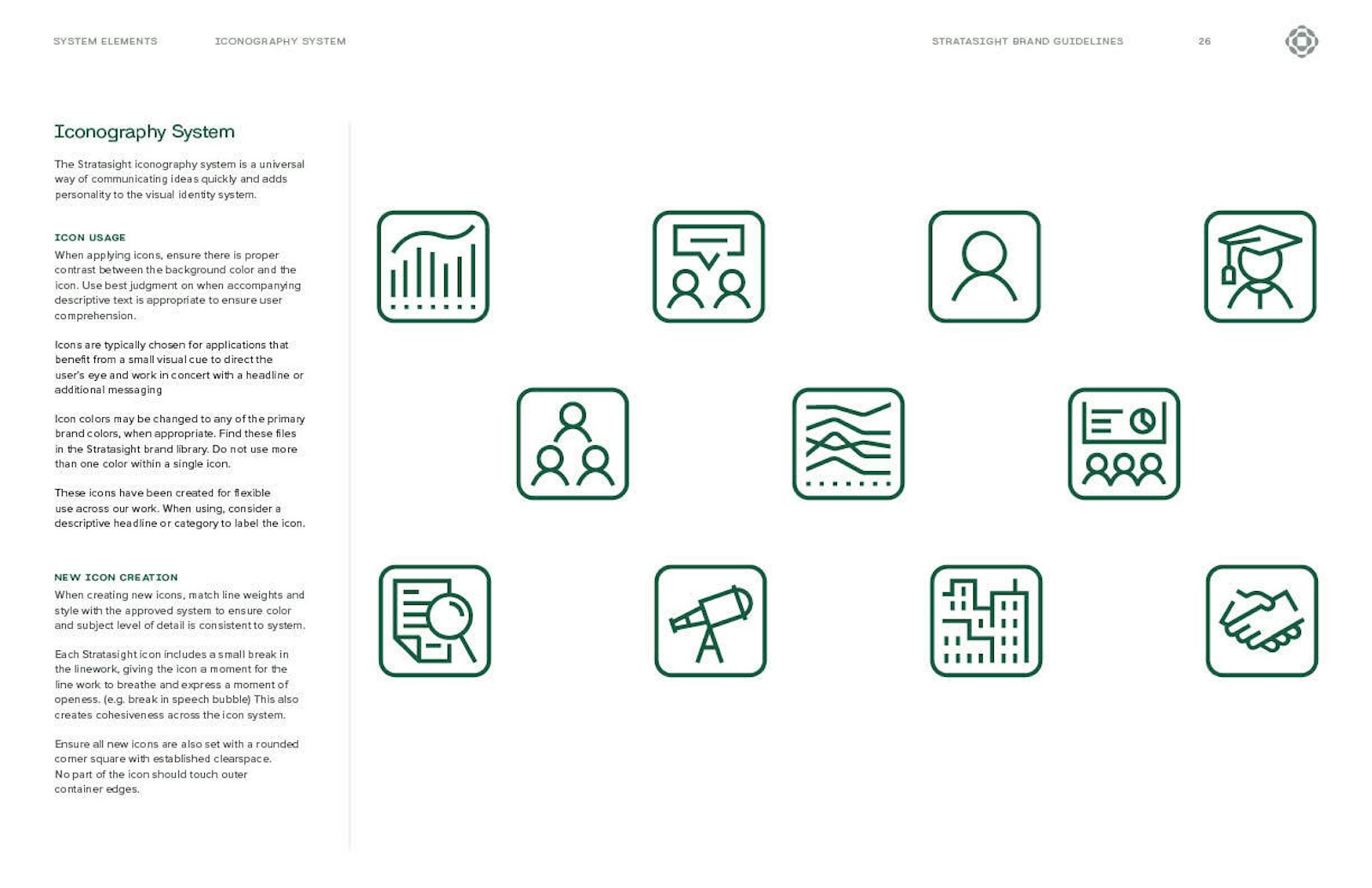 Stratasight iconography: Guidelines for utilizing iconography developed by Capsule in Stratasight 2026 rebrand. Examples include icons for charts, conversations, individuals, groups, research, labor, education, partnership, and more.