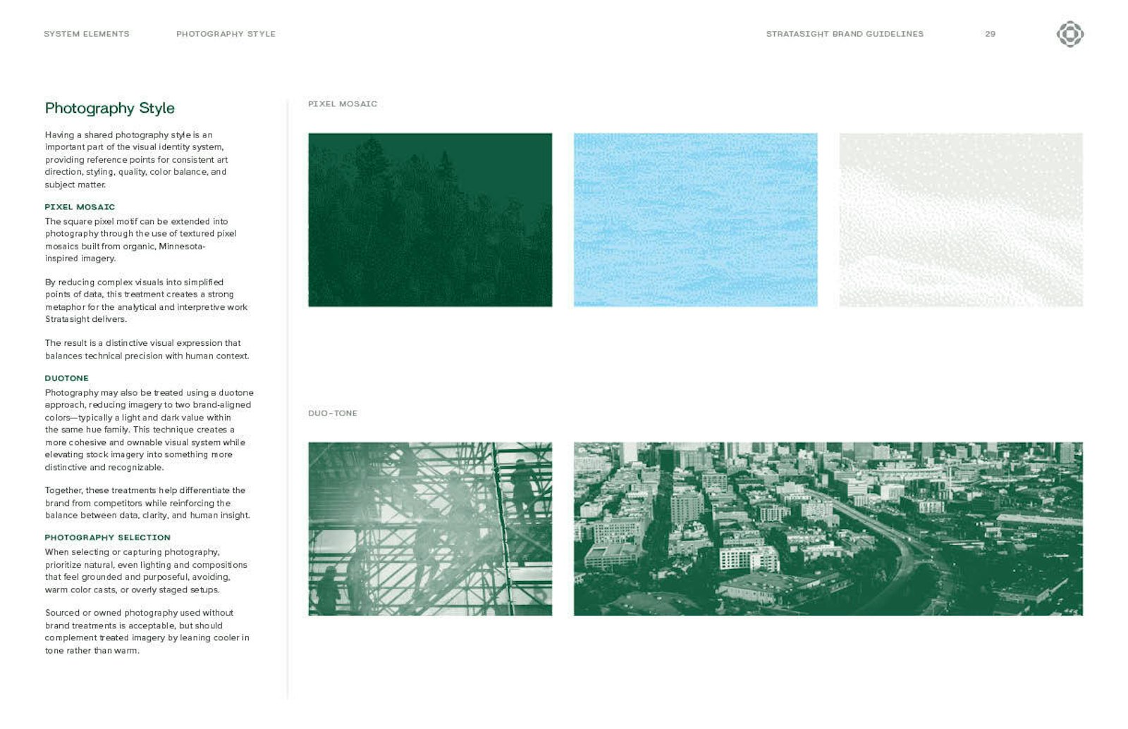 Stratasight photography style: Photography style guidelines developed by Capsule. Guidelines describing the use of stock and proprietary photos, pixel mosaics, and duotone treatments in Stratasight's 2026 rebrand.