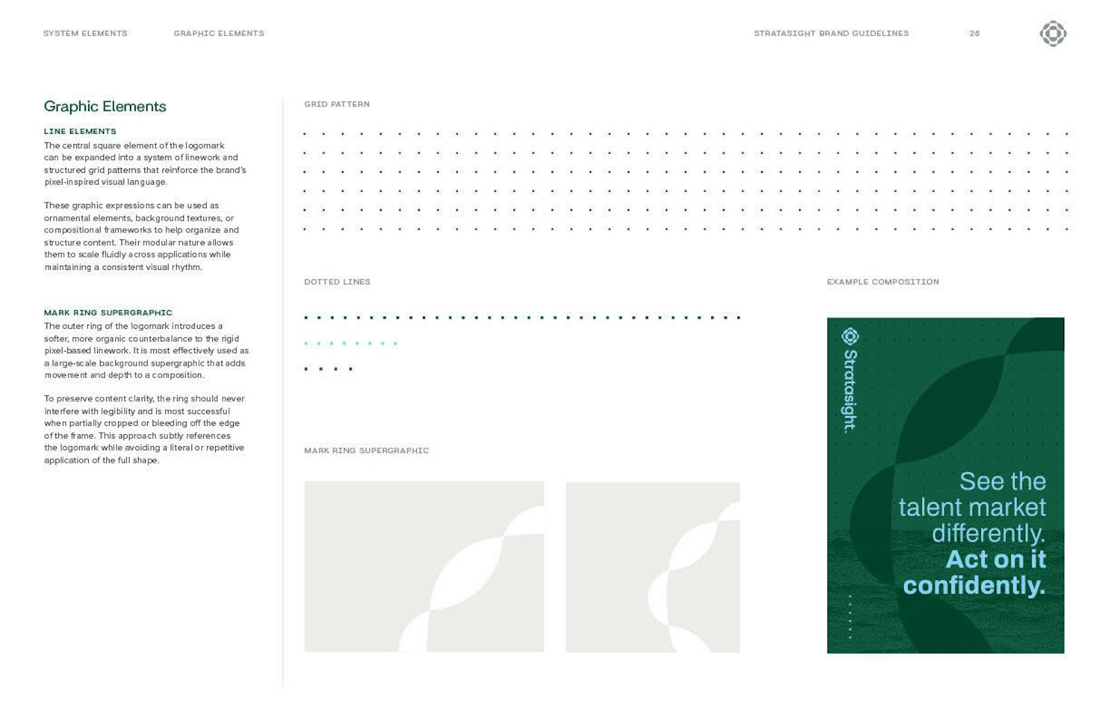 Stratasight graphic elements: Lines and mark ring supergraphics developed by Capsule. Guidelines describing the use of lines, grids, and the logo mark in Stratasight's 2026 rebrand.