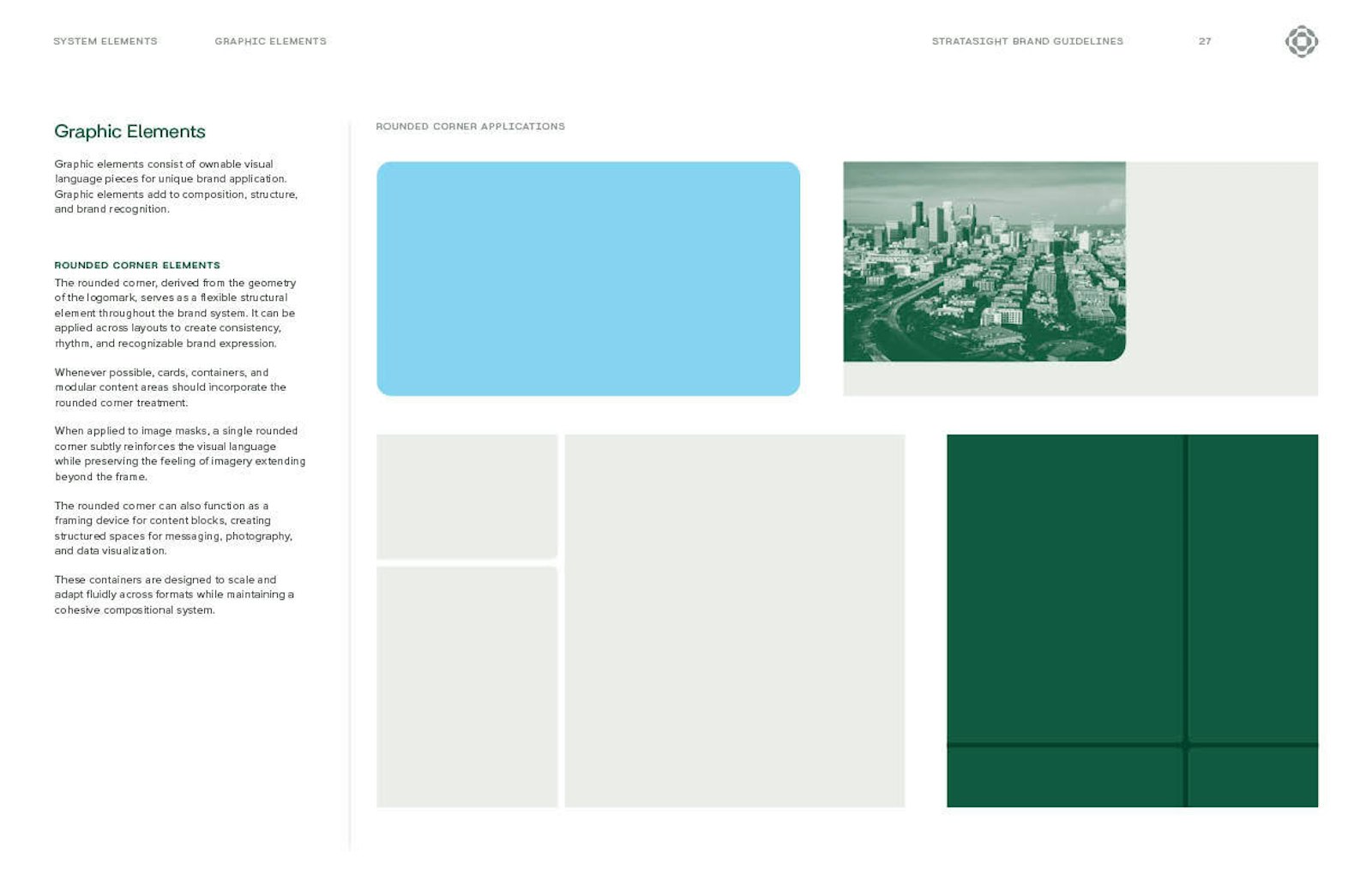 Stratasight graphic elements: Rounded corner elements developed by Capsule. Guidelines describing the use of rounded corners in graphic and photography elements in Stratasight's 2026 rebrand.