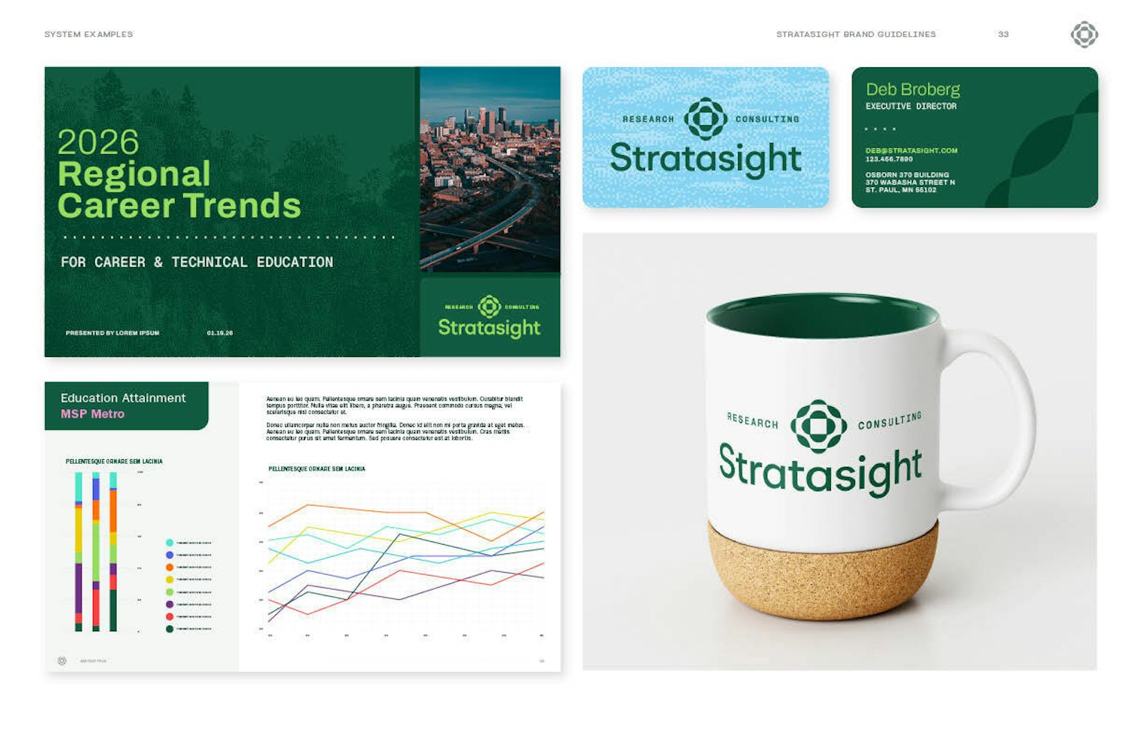 Stratasight brand guidelines: Examples and mockups of the Stratasight brand developed by Capsule in Stratasight's 2026 rebrand. Examples include business cards, report decks, and a coffee mug with the Stratasight logo mark.