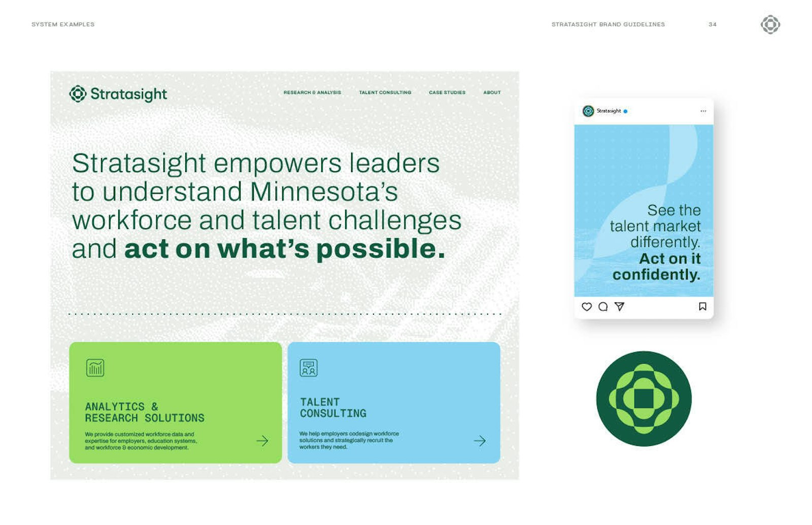 Stratasight brand system examples: Visual examples of Stratasight's brand system developed by Capsule, including a slide and a social media post, in Stratasight's 2026 rebrand.