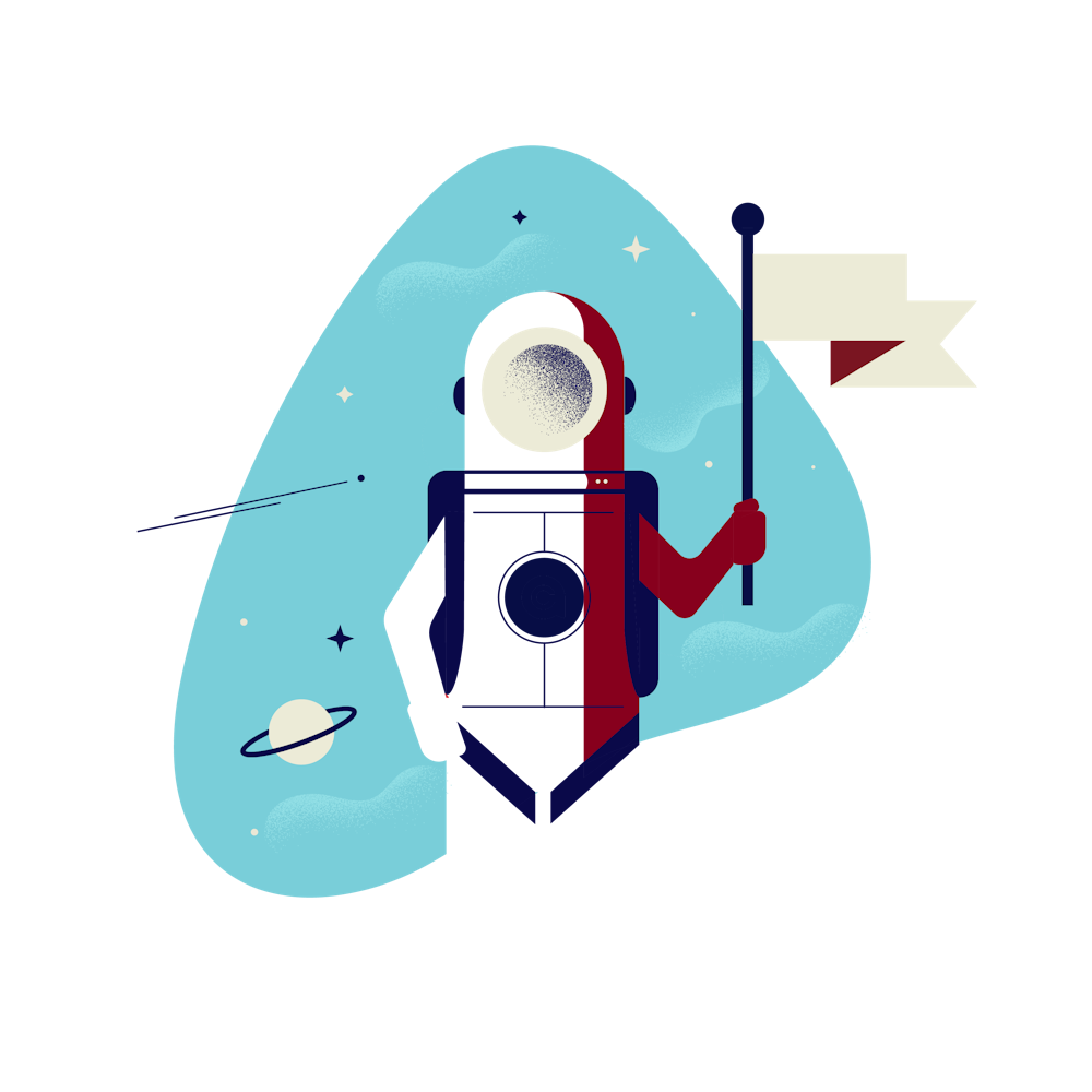 Capsule branded illustration of astronaut in space with flag.