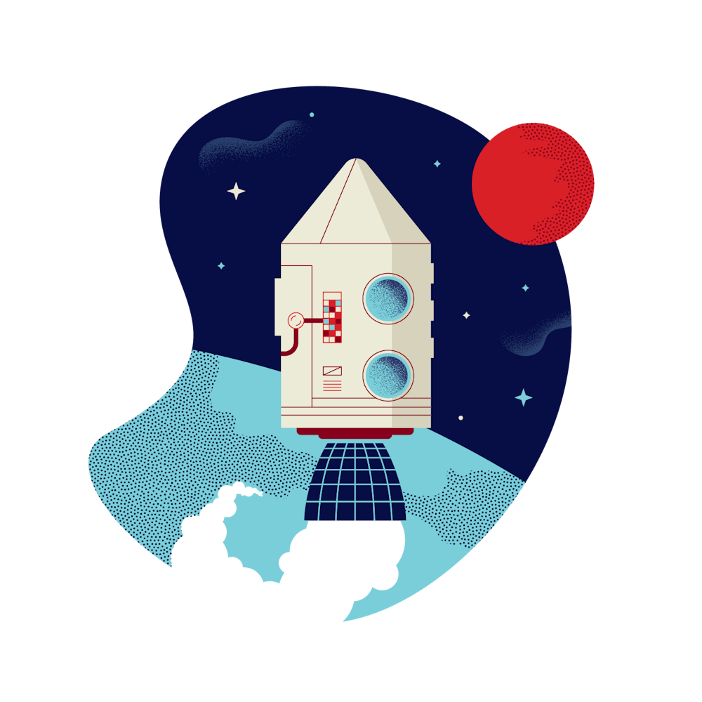 Capsule branded illustration of rocket ship launching into space.