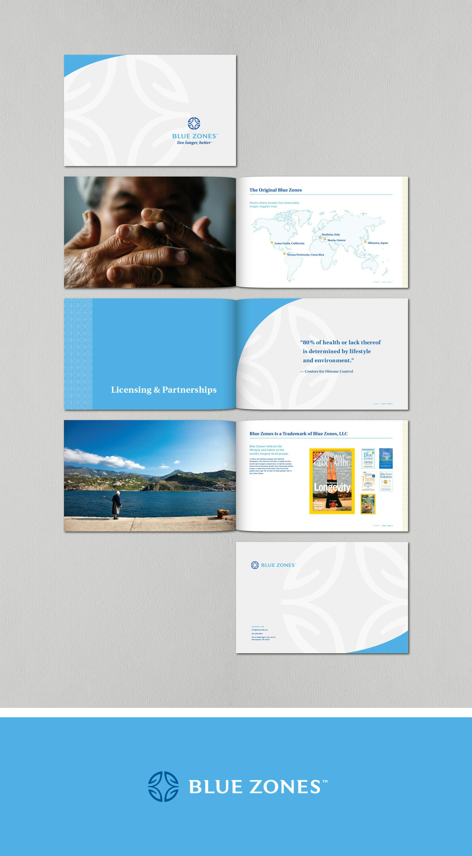 The Blue Zones by Dan Buettner brand logo mark design brochures and presentation materials.