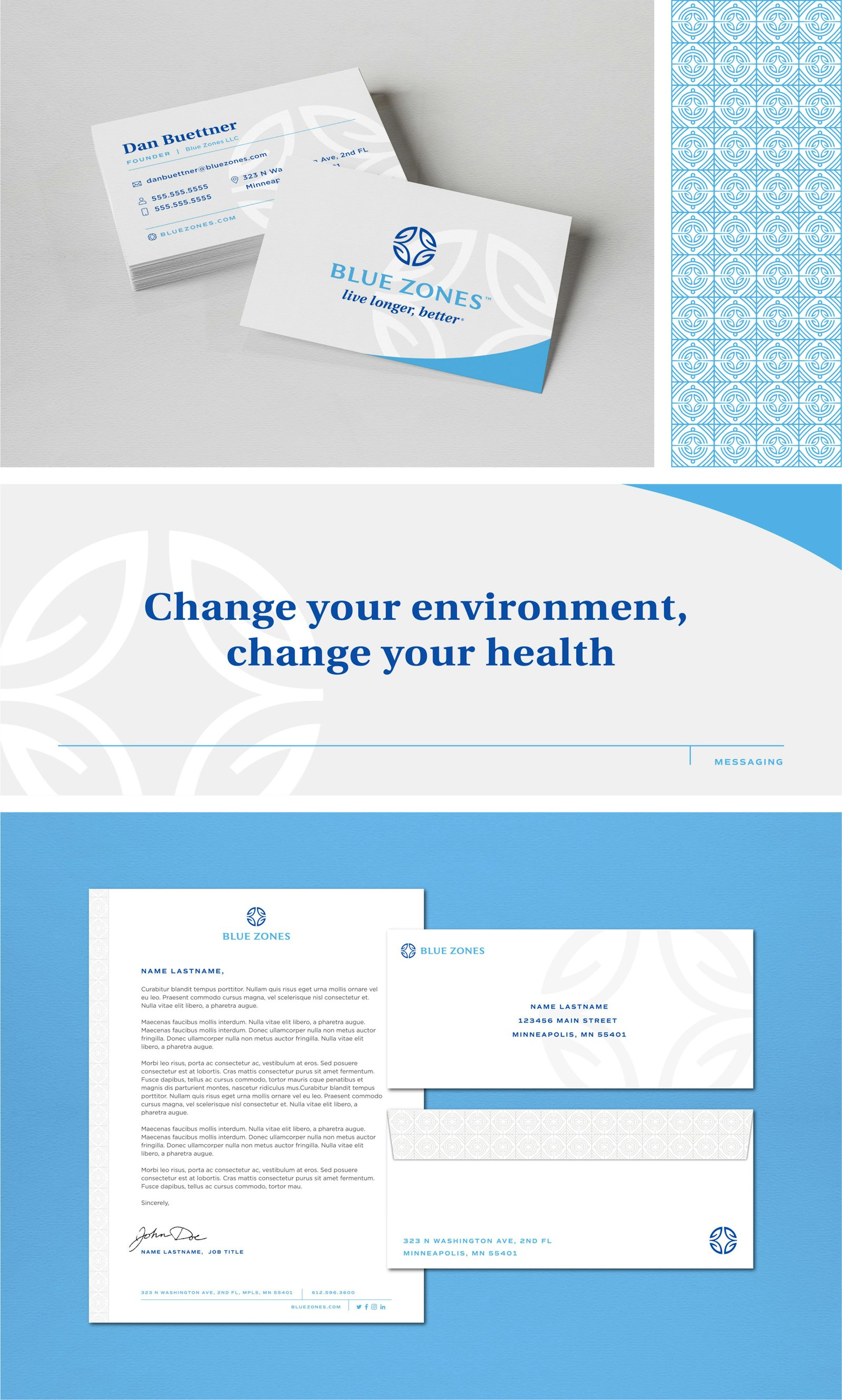 The Blue Zones by Dan Buettner brand logo mark design business cards and letterhead.