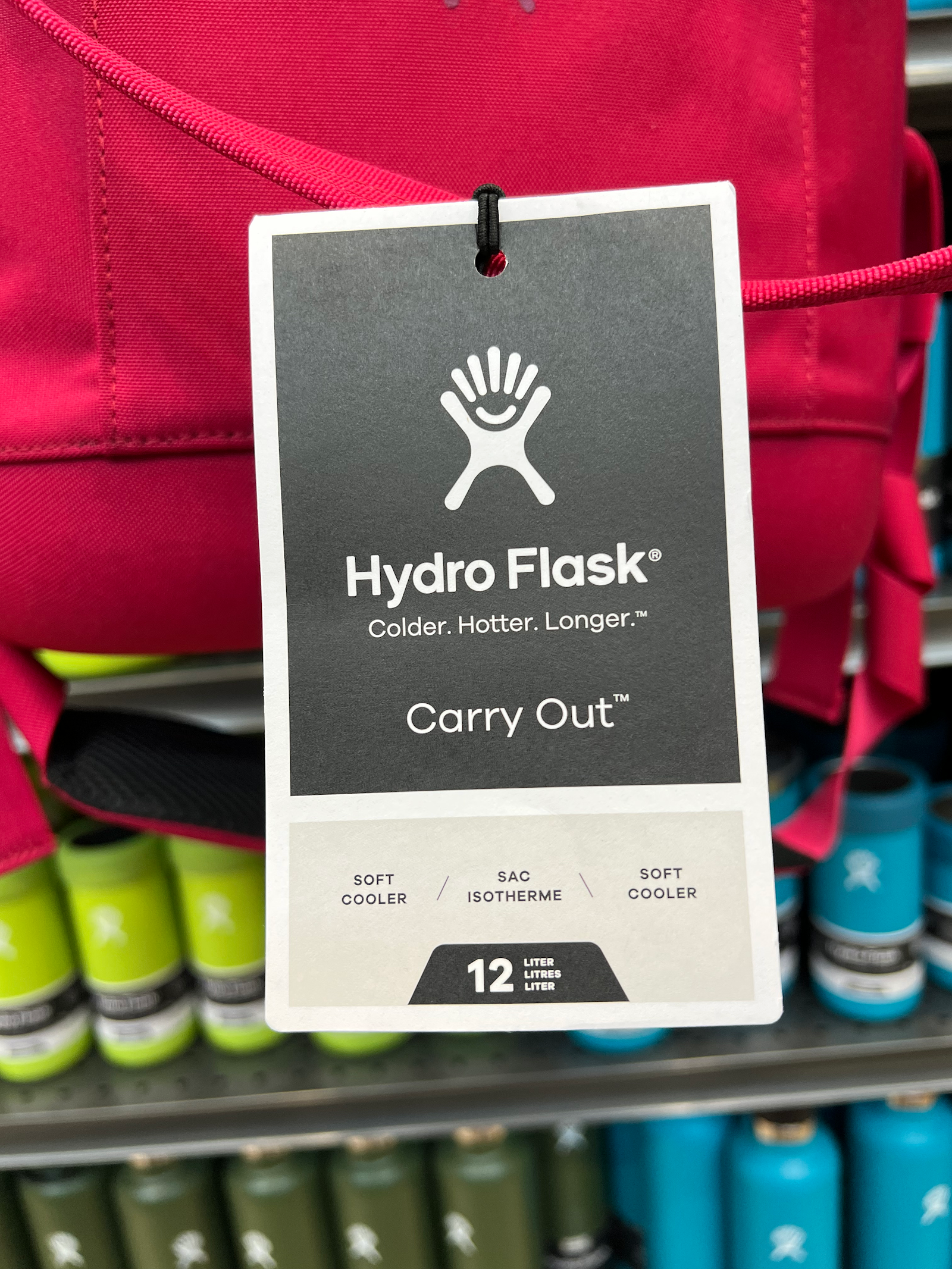 The Hydro Flask brand design hang tag on product in retail display.