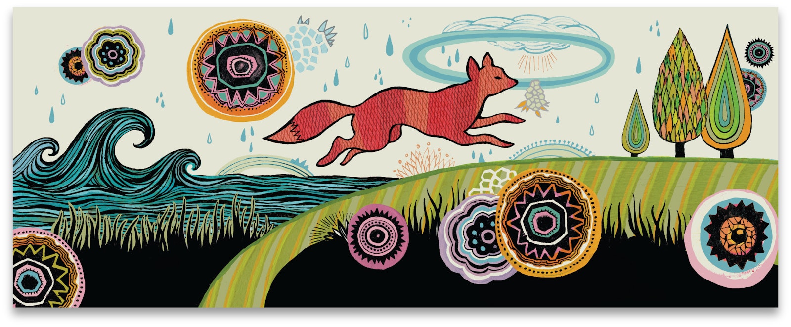 Fox River Socks illustration design with fox running through field with flowers and trees.
