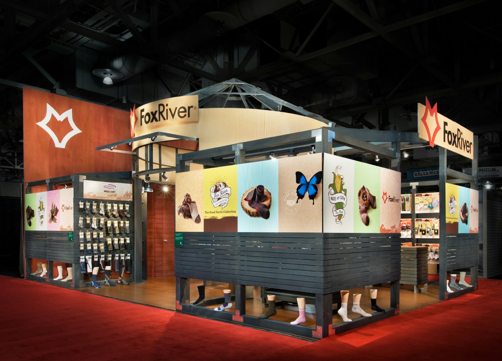 Fox River Socks retail display booth with logo and branded product photography.