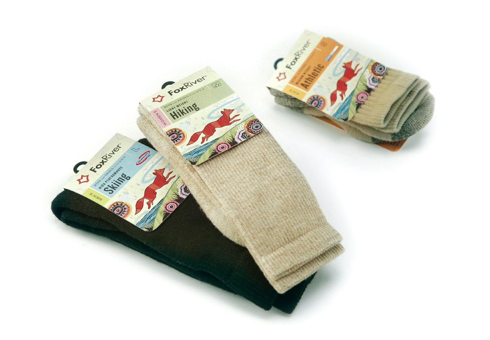 Three Fox River Socks packaging designs.