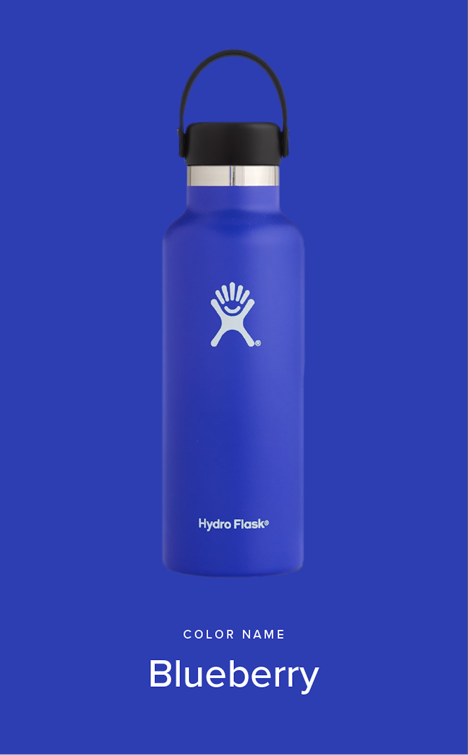 The Hydro Flask brand design of the Blueberry flask on a blue background.