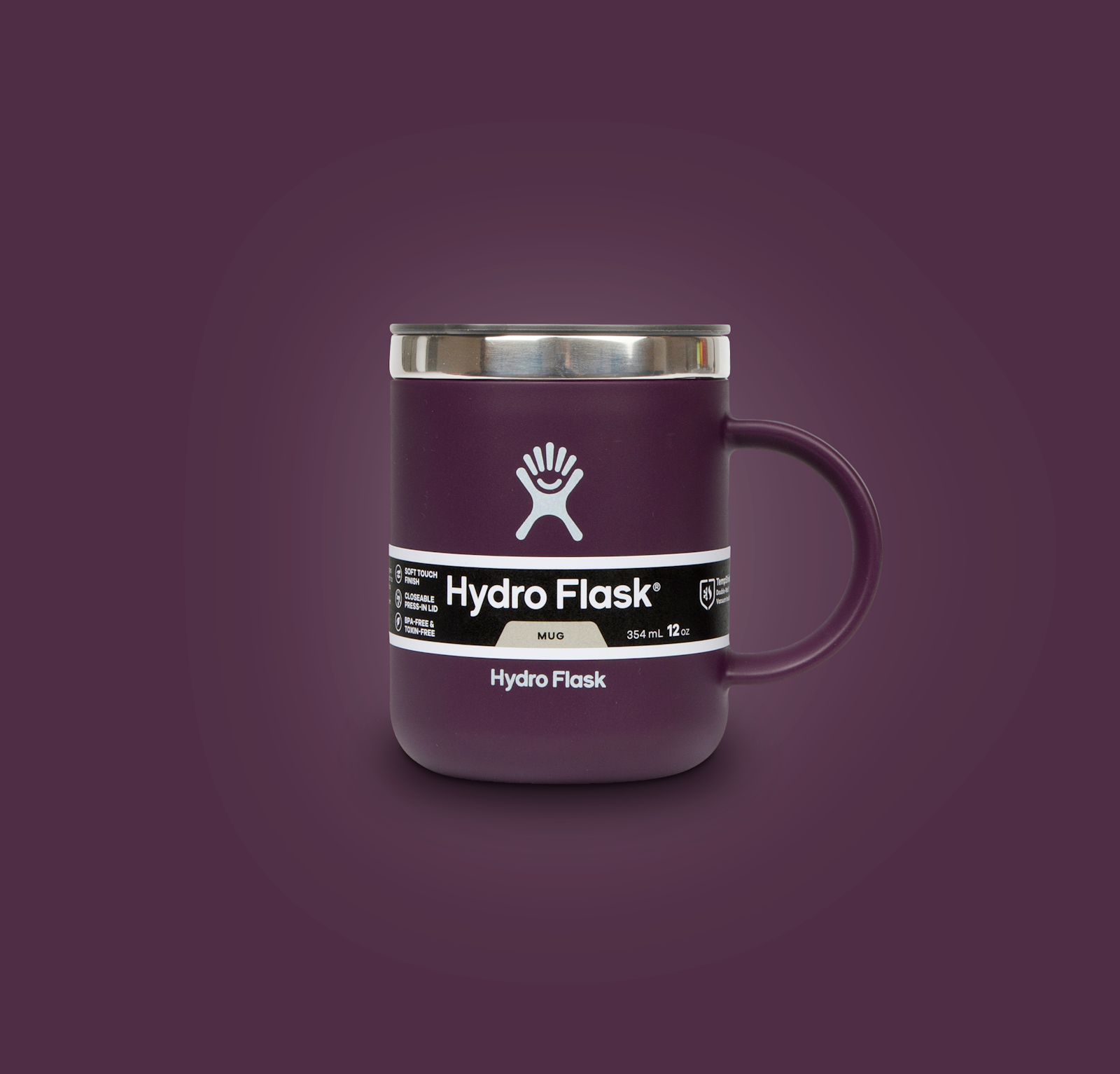 The Hydro Flask brand design Mug in purple on a purple background.