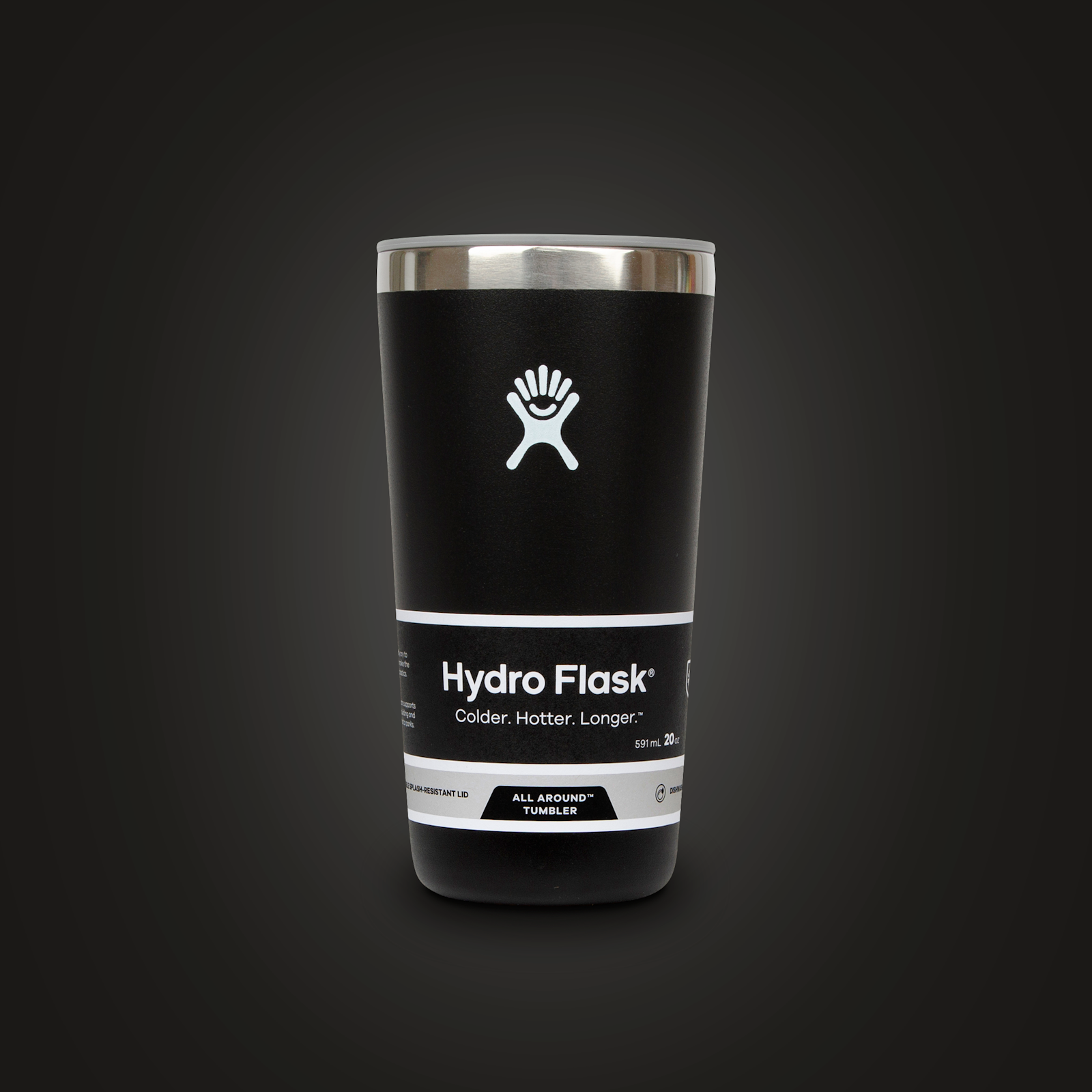 The Hydro Flask brand design Tumbler All Around black on a black background.