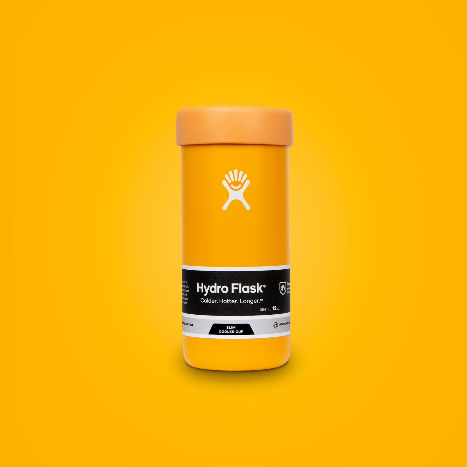 A Hydro Flask brand design yellow Tumbler Slim Cooler on yellow background.