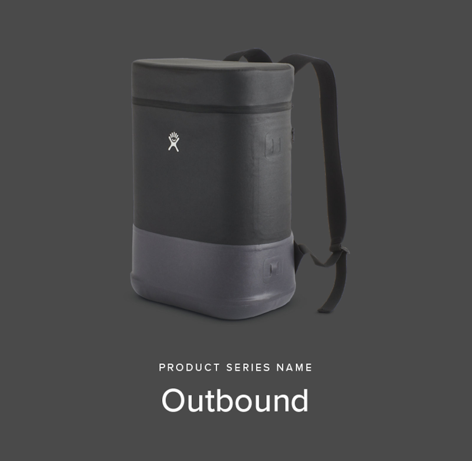 The Hydro Flask brand design for Outbound backpack product on black background.