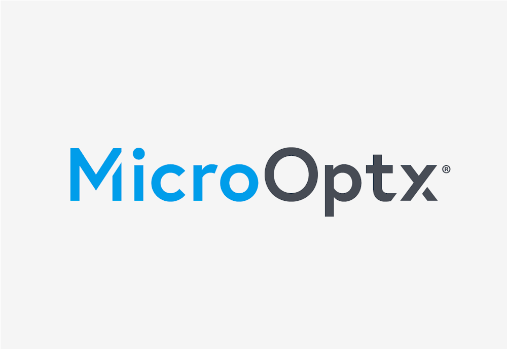 The MicroOptx brand design logo in blue and black letters over white background.