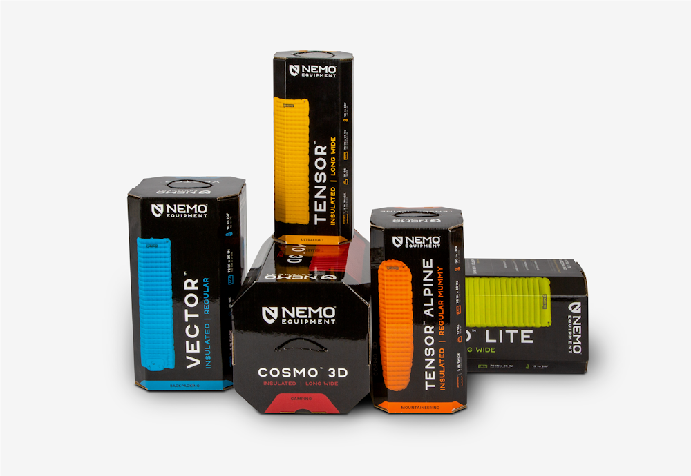 Nemo Equipment brand packaging design in display of package varieties.