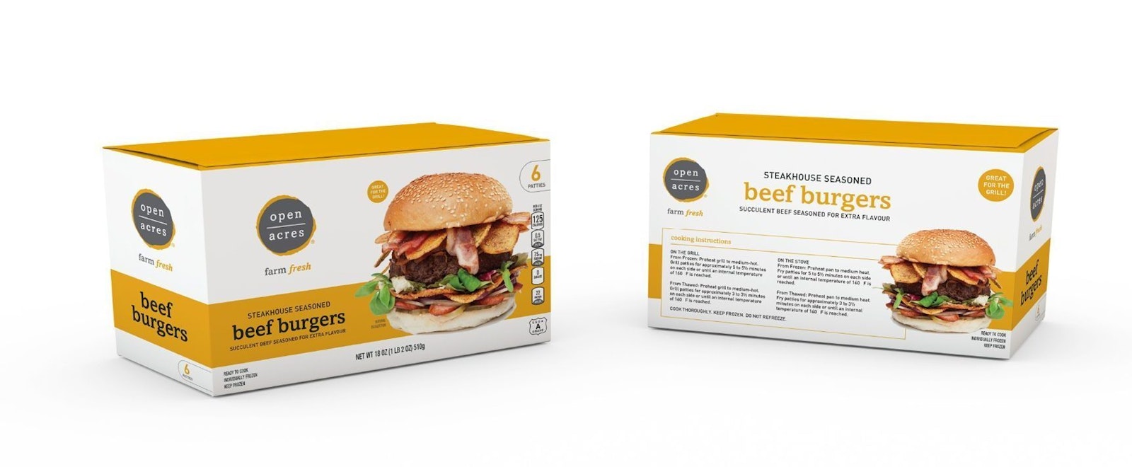 The Open Acres brand packaging design with two burger packages on a white background.