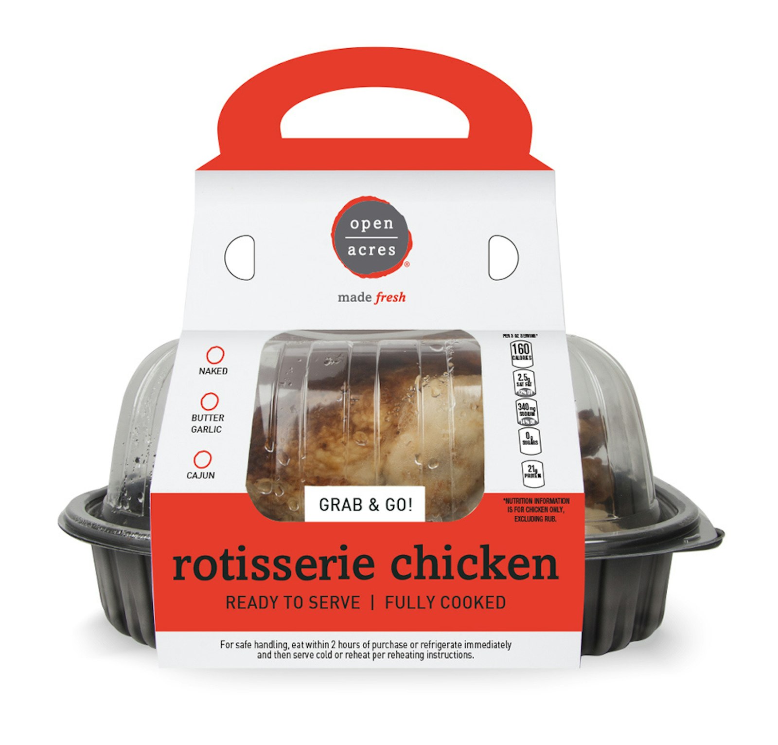 The Open Acres brand packaging design with rotisserie chicken in red package on white background.