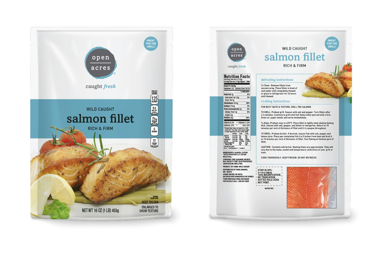 The Open Acres brand packaging design for salmon product showing both back and front of package.