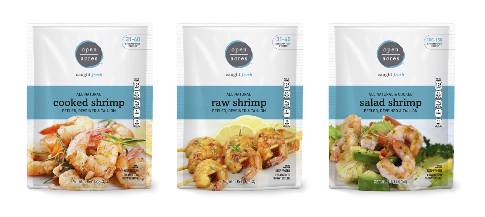 The Open Acres brand packaging design with shrimp product in three package types on white.