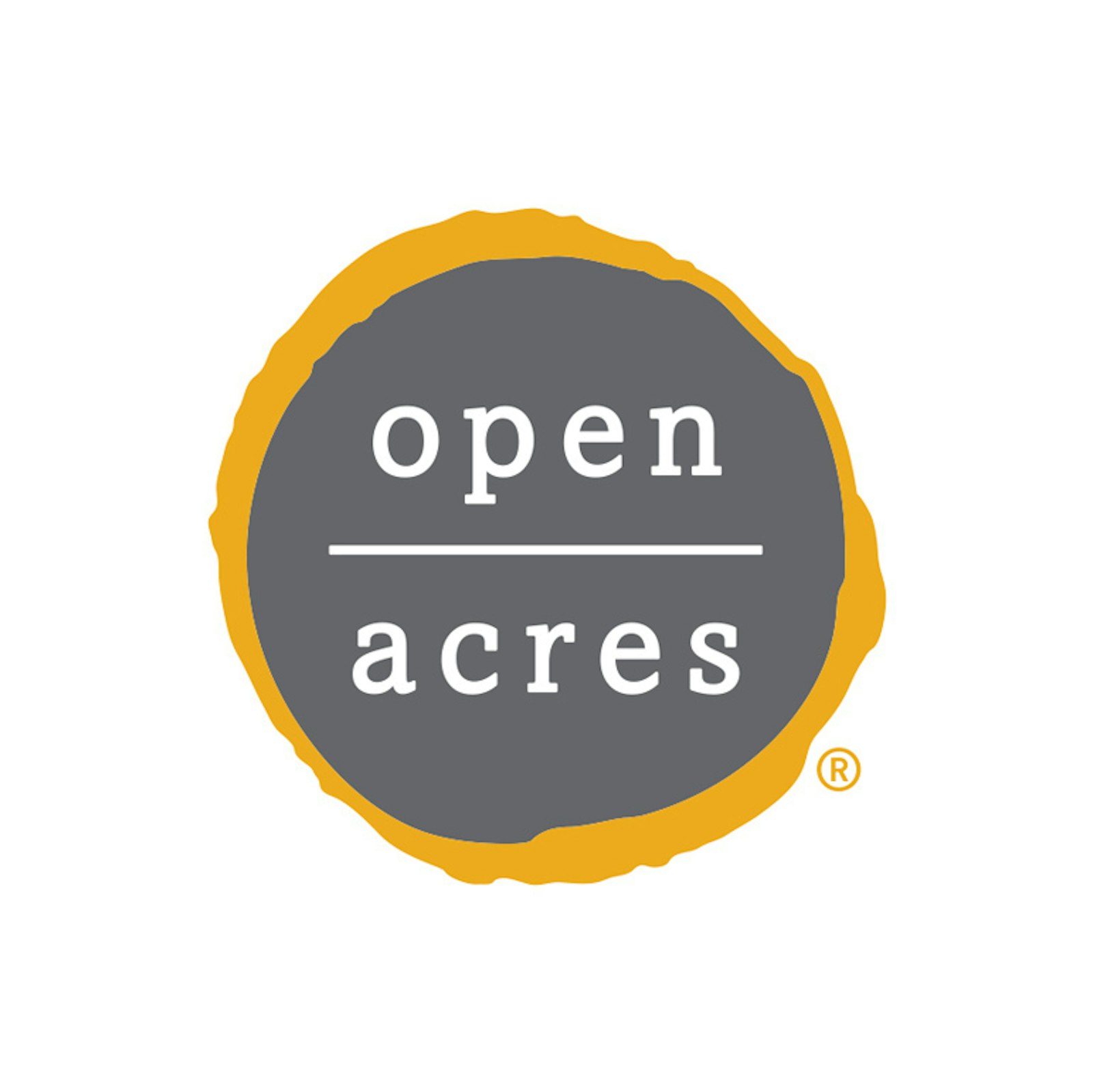 The Open Acres brand logo design with white type on grey and yellow circular background.