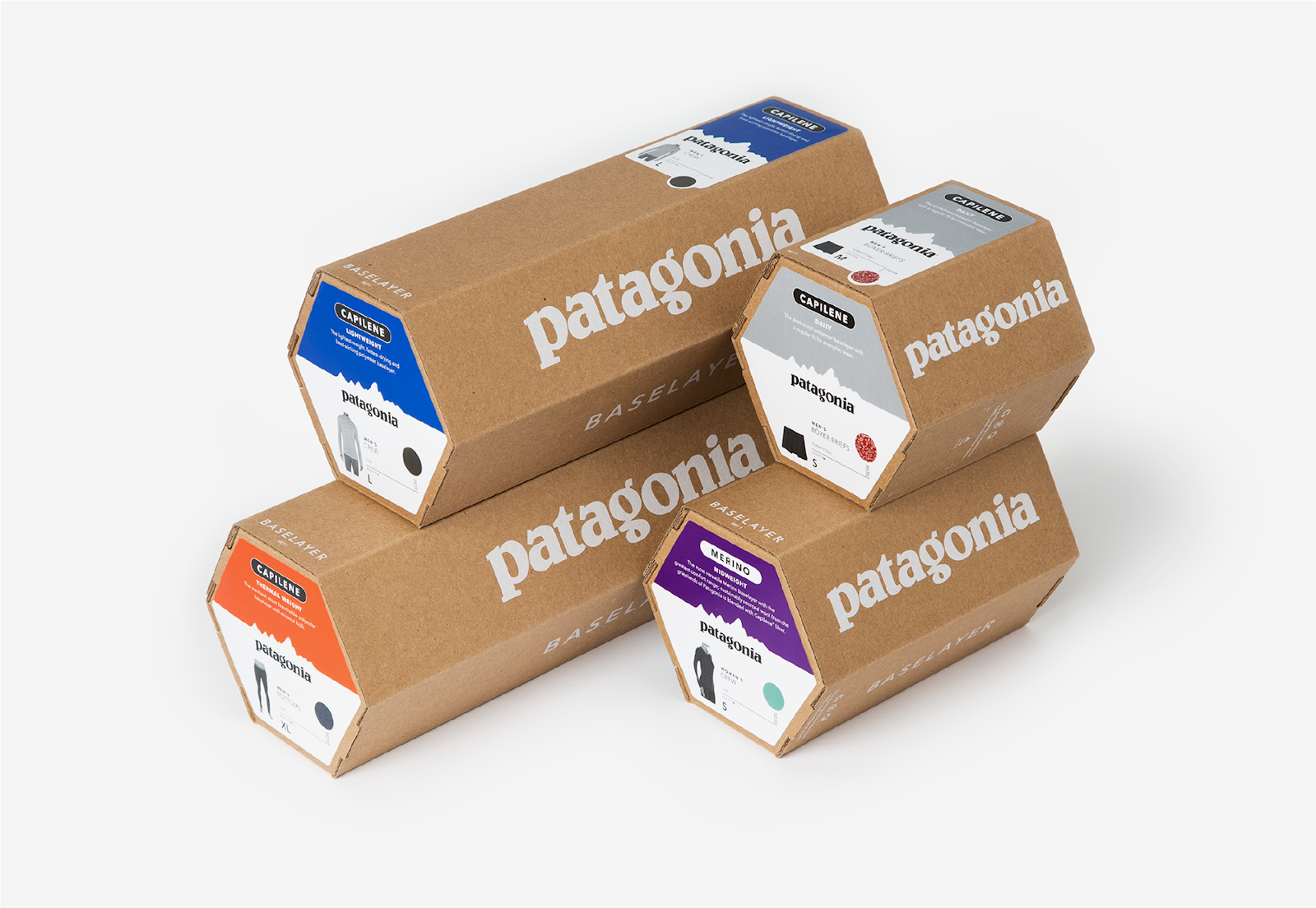 The Patagonia brand design craft paper packaging in octagon shape with label.