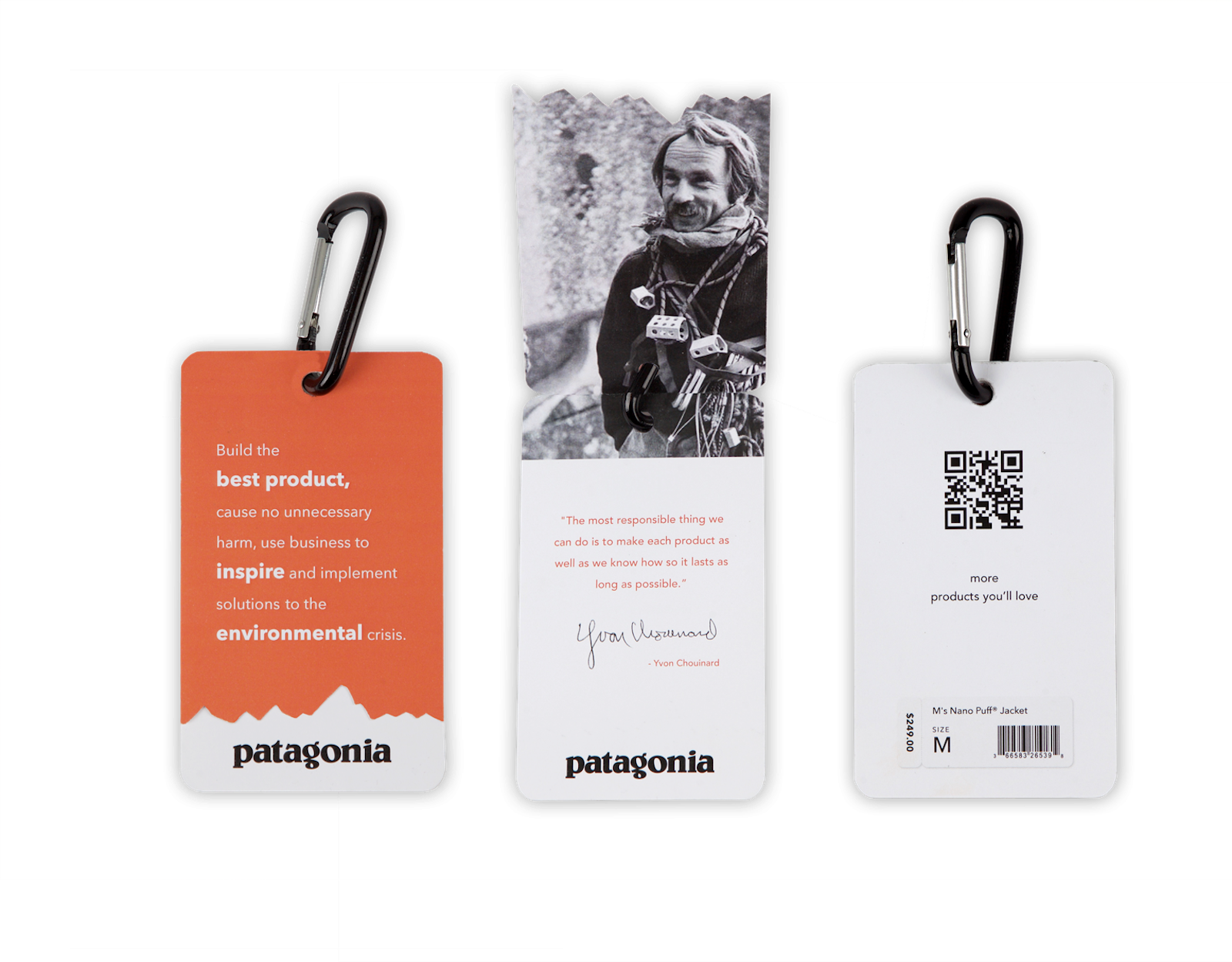 The Patagonia brand packaging design of hangtag with carabiner and three tags.