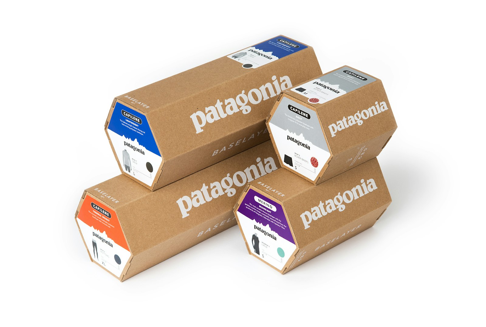 The Patagonia brand packaging design with craft octagon box and white labels.