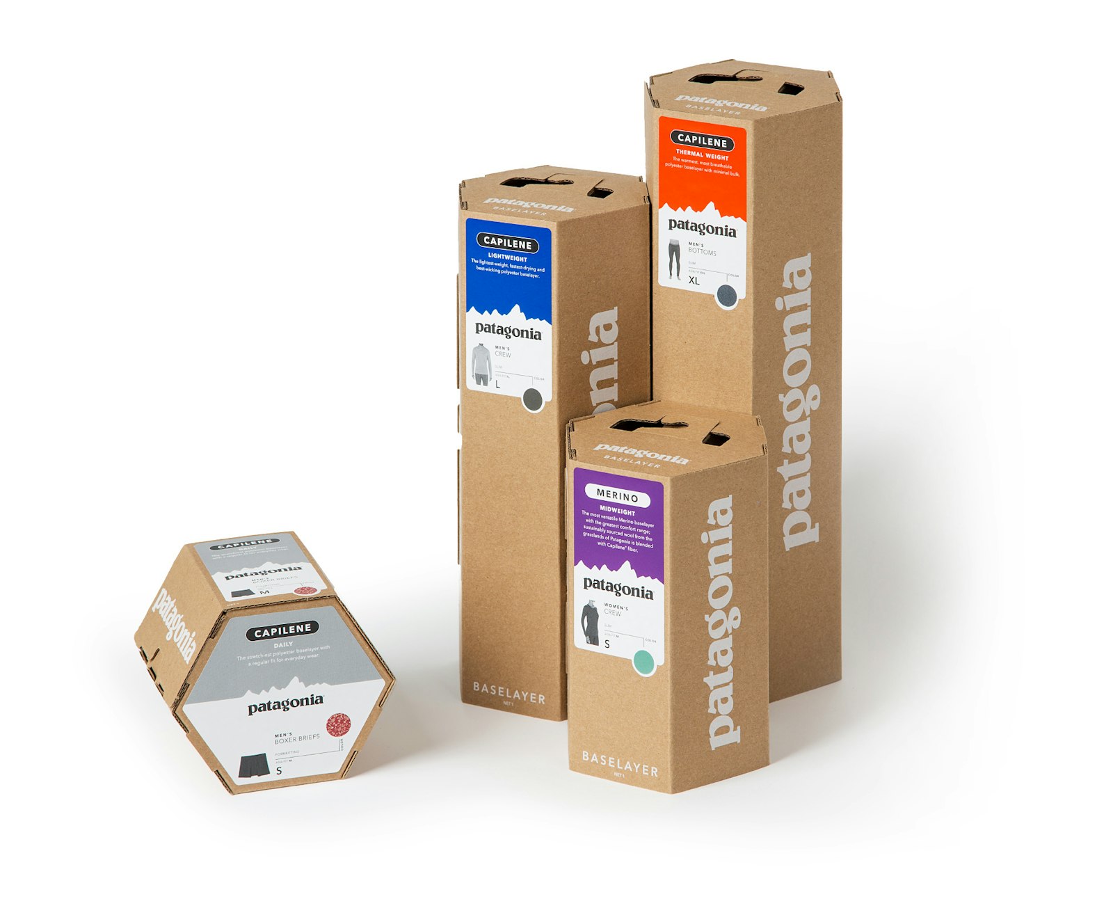 The Patagonia brand packaging design in four craft octagon boxes with white labels.