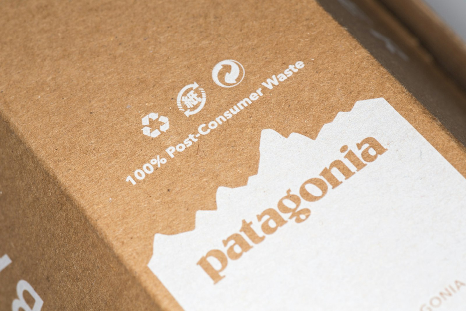 The Patagonia brand package design on craft paperboard with white logo and icons.