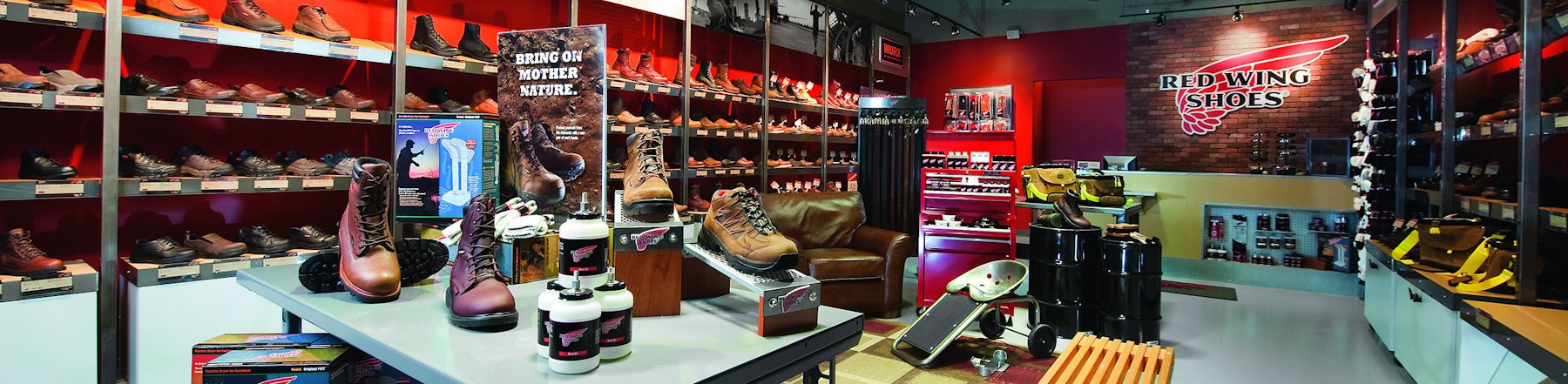 The Red Wing Shoes brand design retail space showing Red Wing Shoes logo.