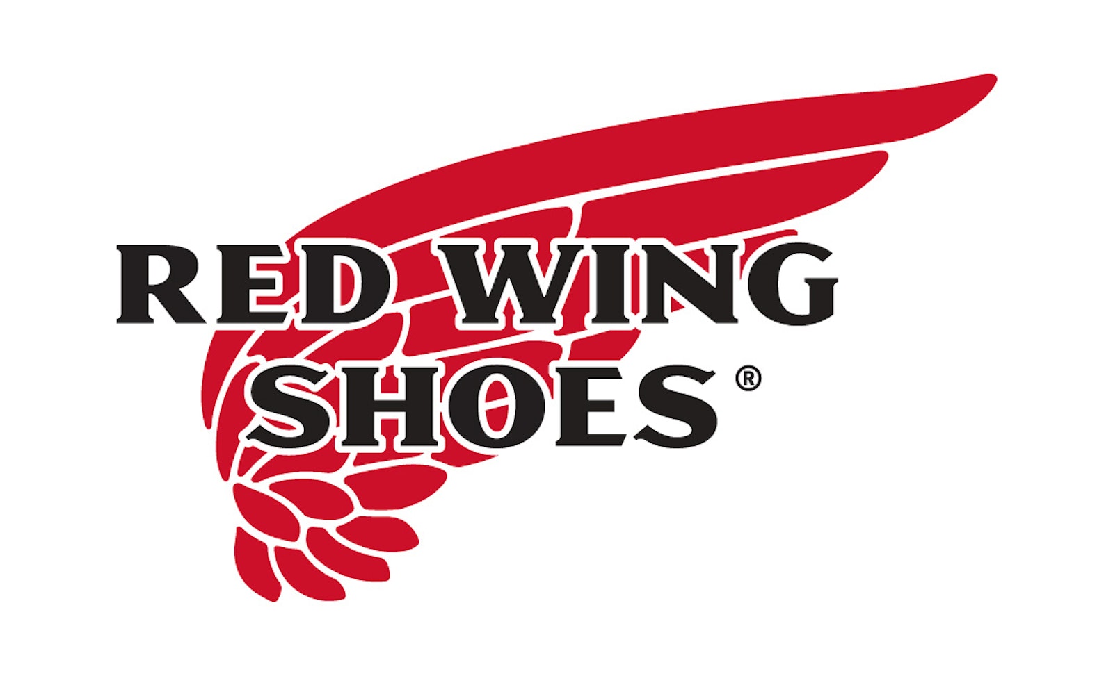 The Red Wing Shoes brand design logo of red wing with type over a white background.