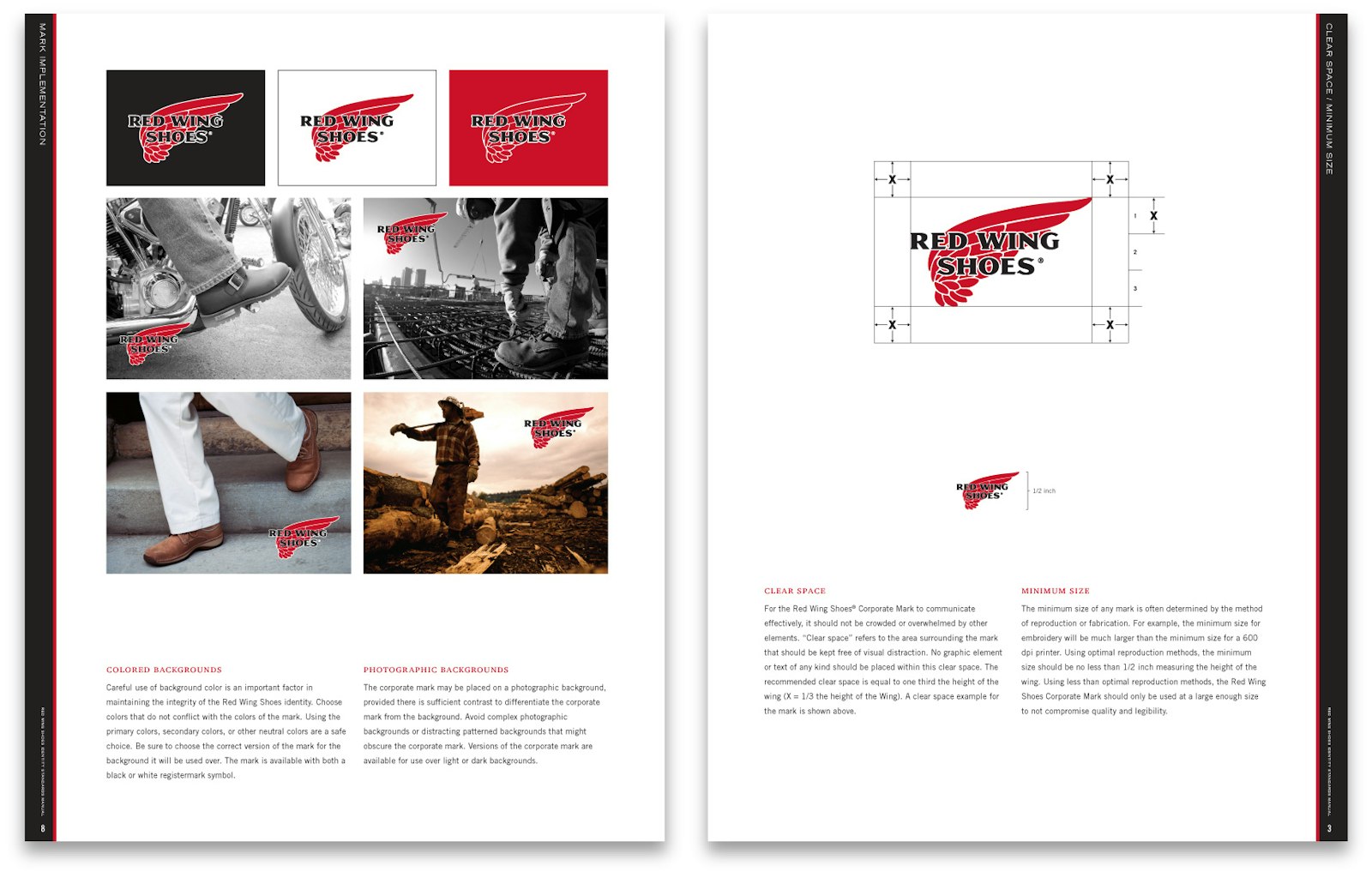 The Red Wing Shoes brand design logo redesign guidelines two pages with images.